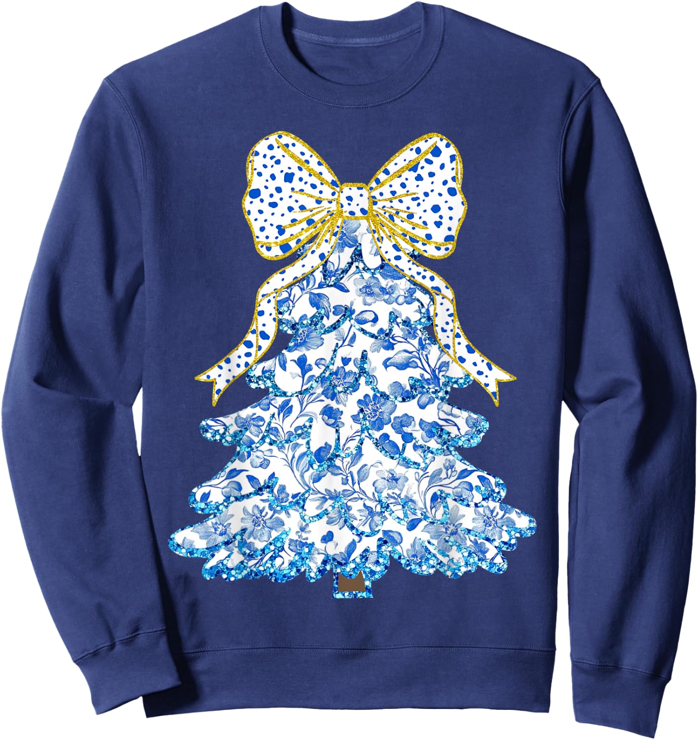 Blue Floral Coquette Bow Christmas Tree Chinoiserie Women Sweatshirt - Sweatshirt | Navy