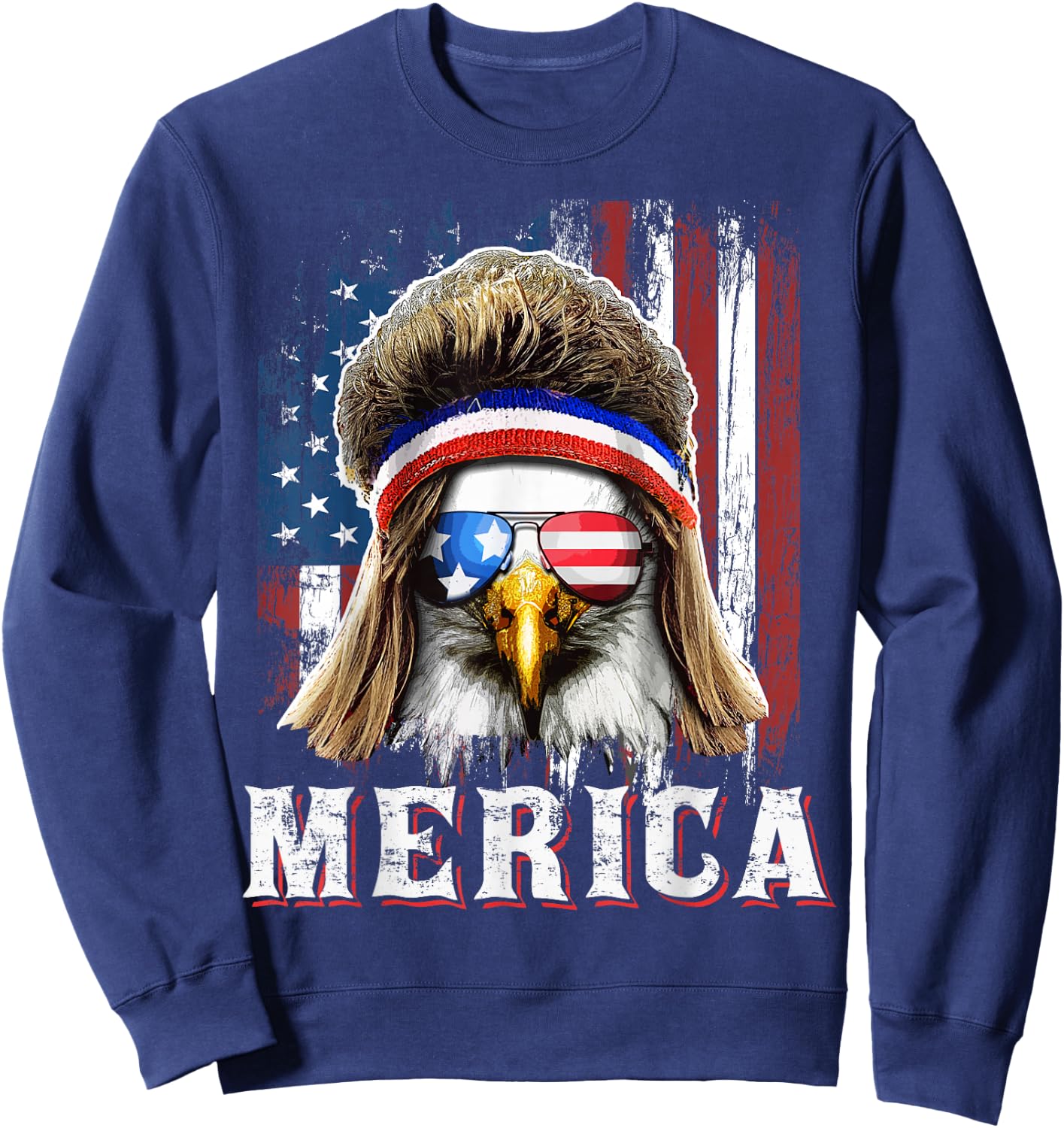 Merica Eagle Mullet 4th of July American Flag Stars Stripes Sweatshirt - Sweatshirt | Navy