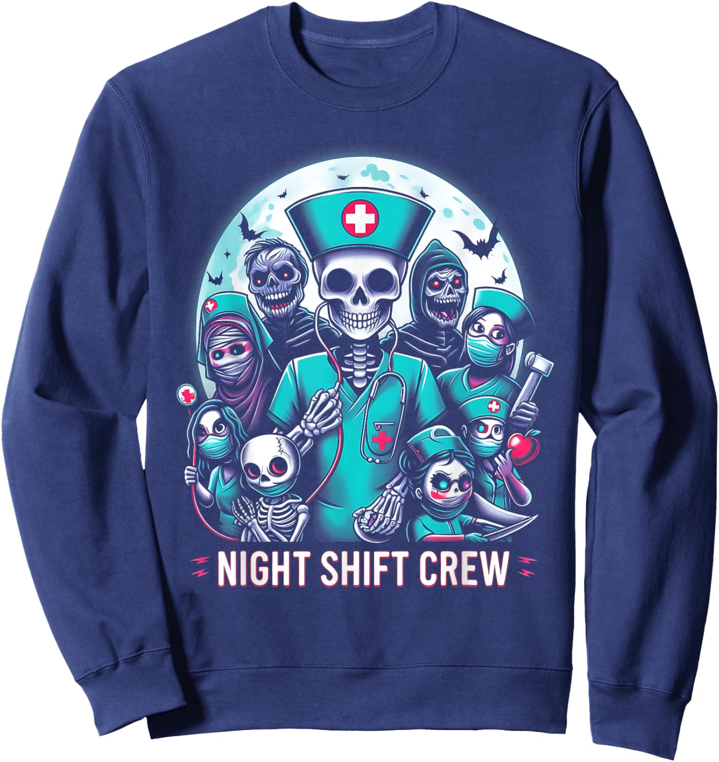 Night-Shift Crew Ghost Skeleton Zombie Funny Halloween Nurse Sweatshirt - Sweatshirt | Navy