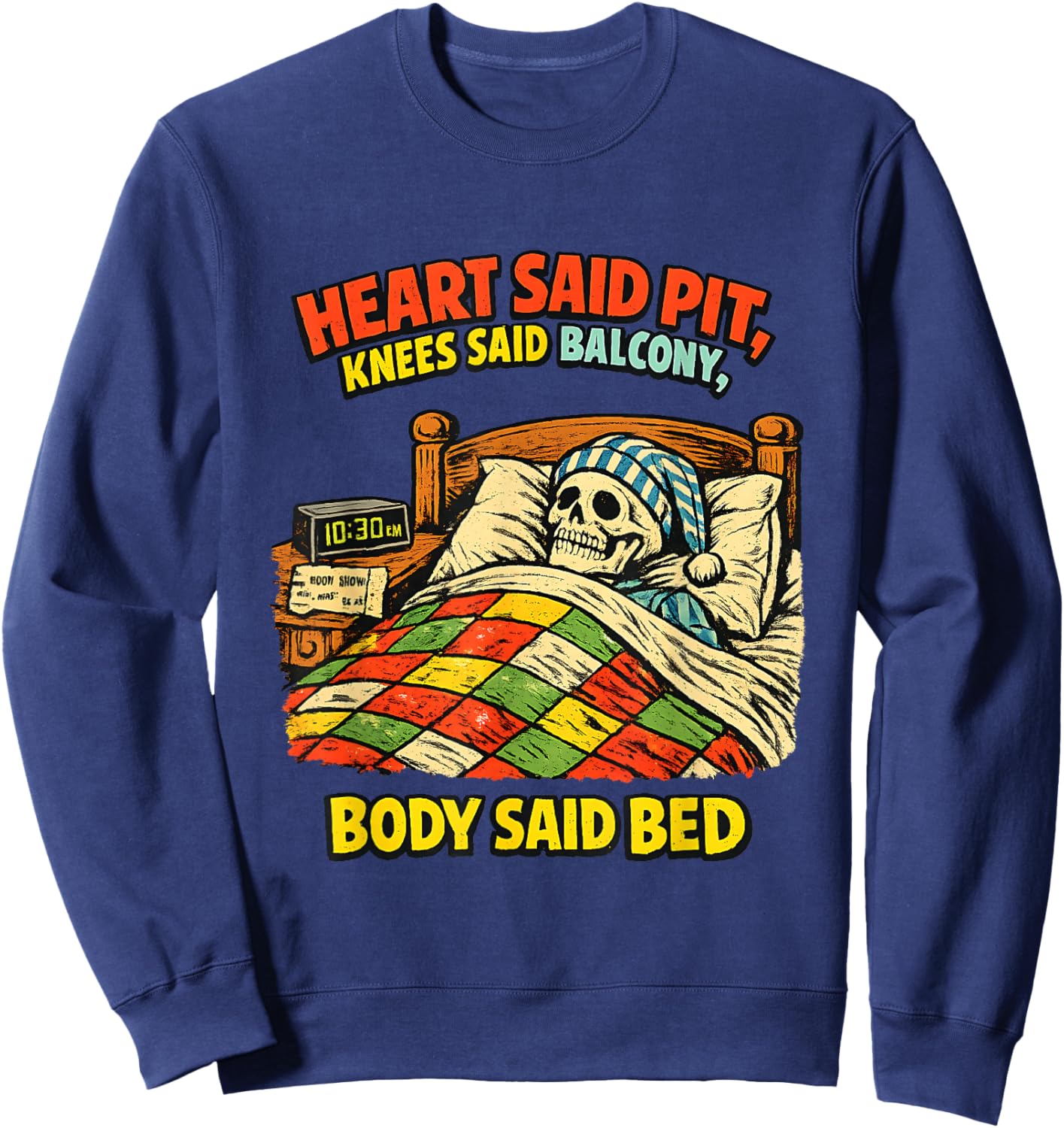 Funny Aging Metalhead Mosh Pit Concert Bed Recovery Skeleton Sweatshirt - Sweatshirt | Navy