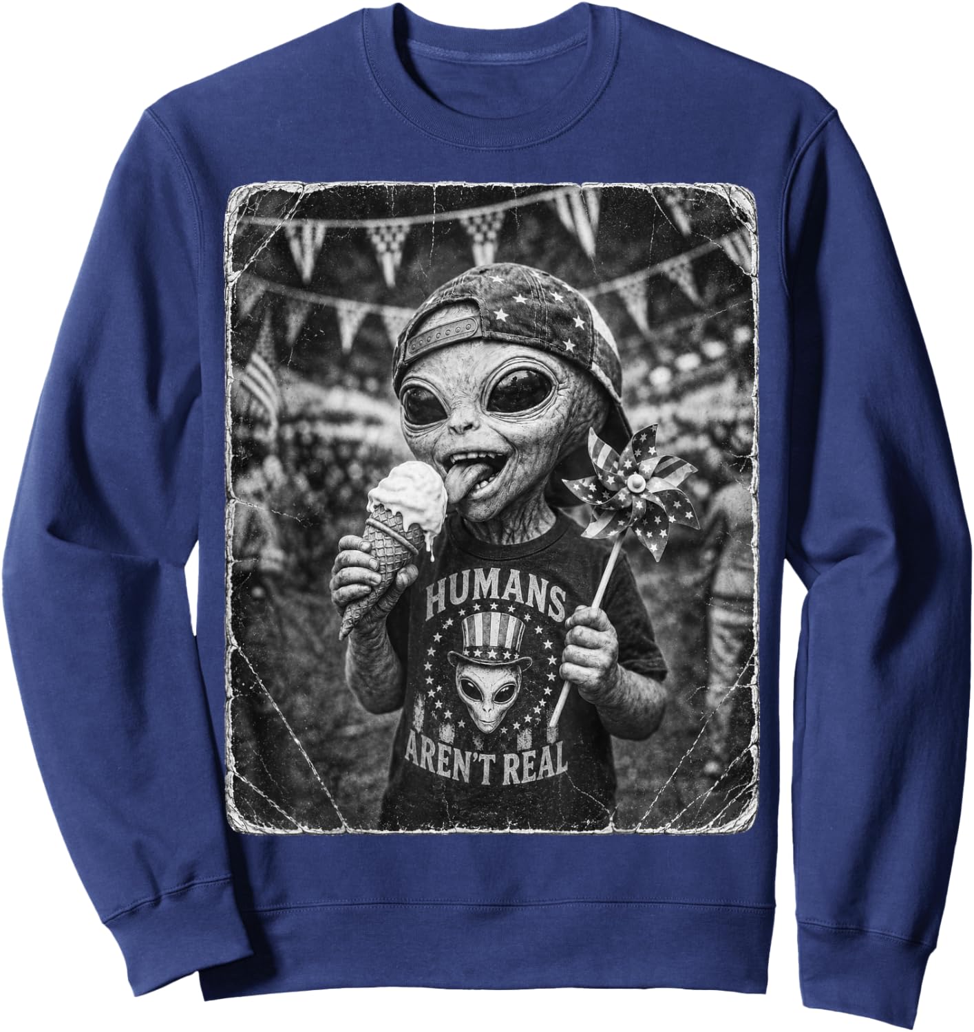 Retro Funny Alien Patriotic UFO American USA Flag 4th July Sweatshirt - Sweatshirt | Navy