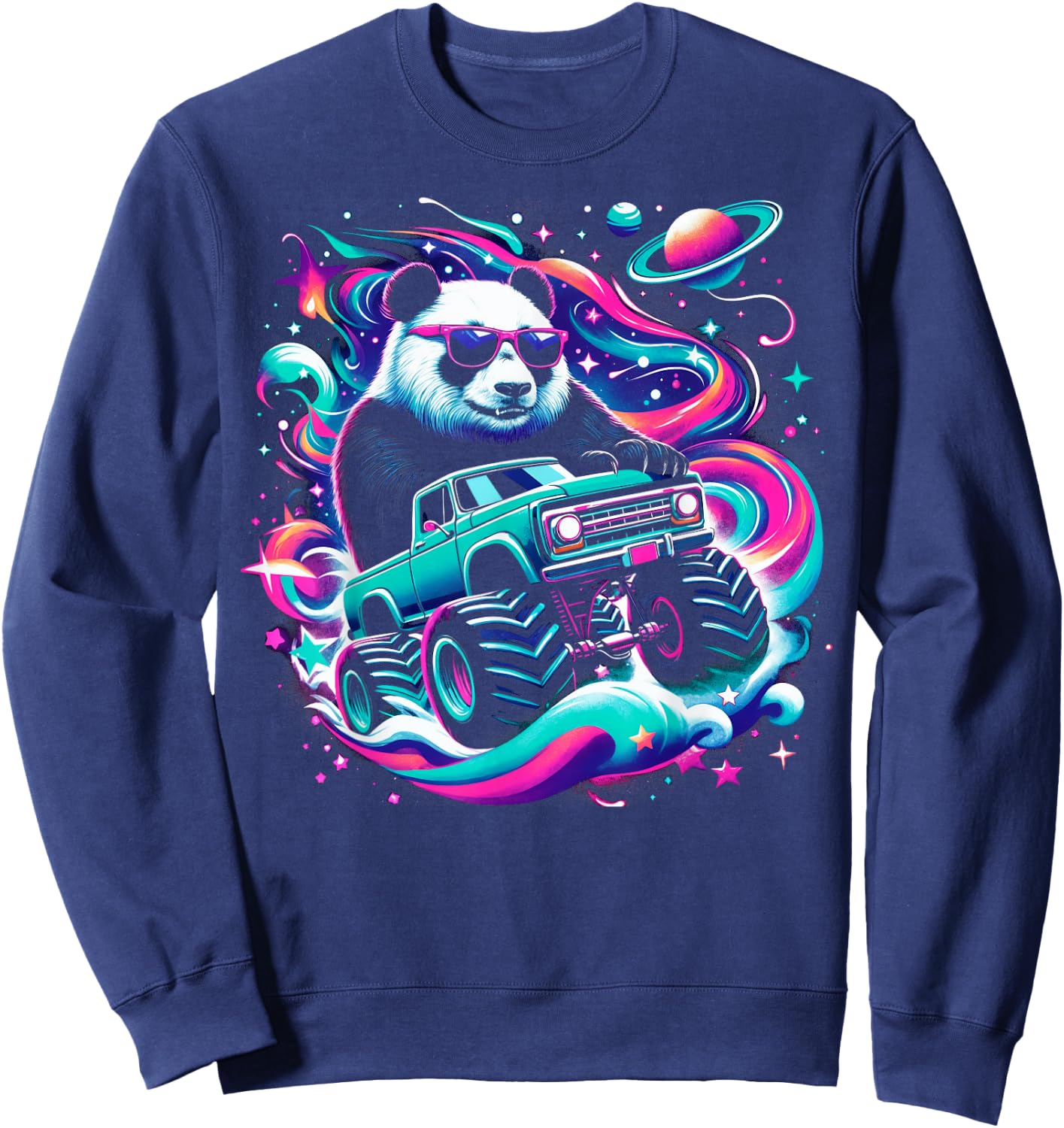 Cool Giant Panda Driving Monster Truck in Cosmic Space Sweatshirt - Sweatshirt | Navy