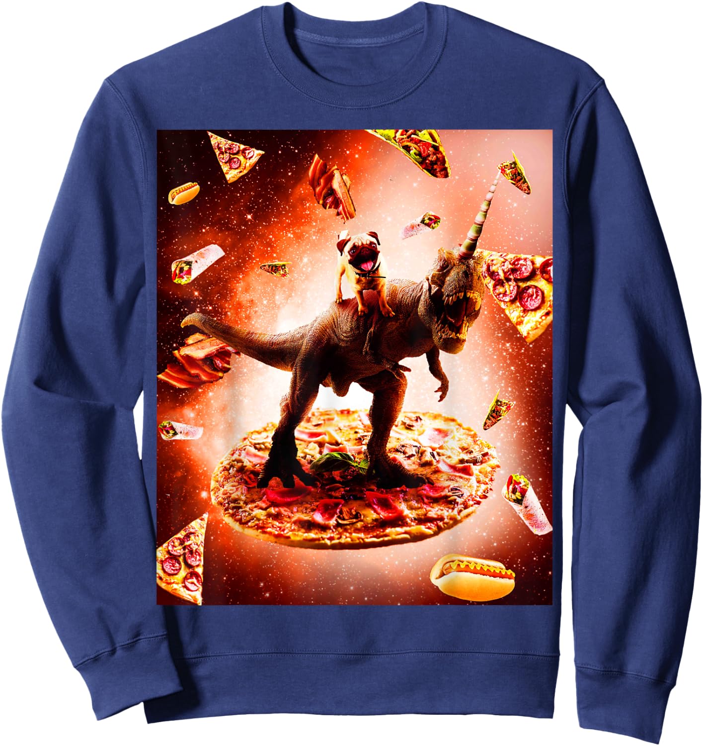 Outer Space Pug Riding Dinosaur Unicorn - Pizza Sweatshirt - Sweatshirt | Navy