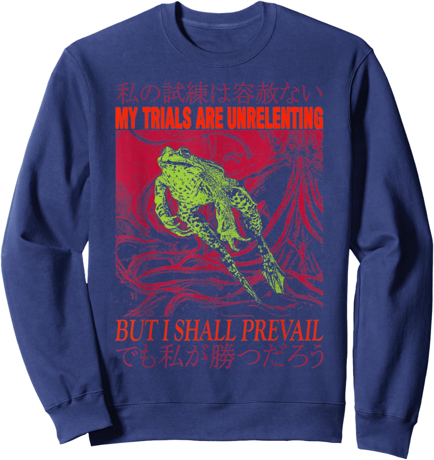 Vintage My Trials are Unrelenting Frog Japanese Sweatshirt - Sweatshirt | Navy