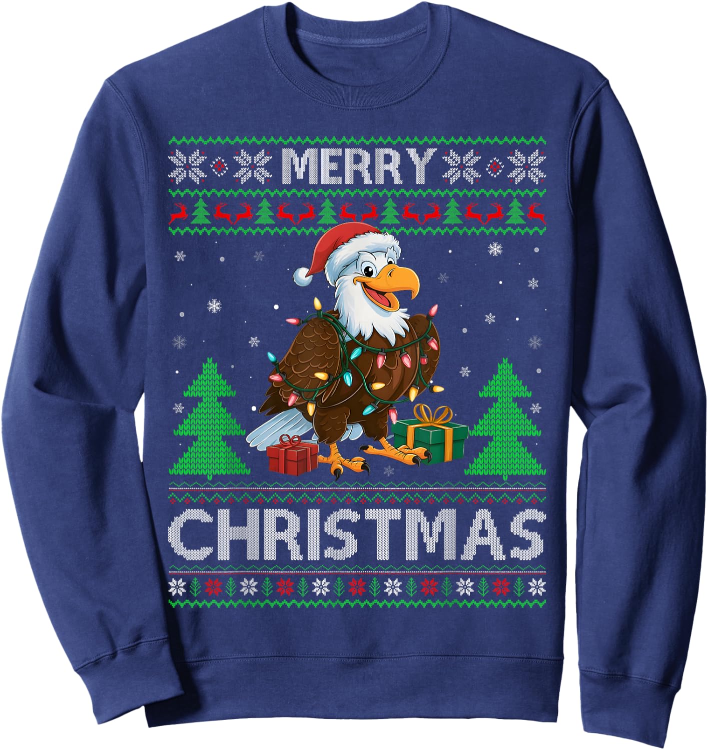Ugly Xmas Sweater Style Lights Santa Eagle Christmas Sweatshirt - Sweatshirt | Navy