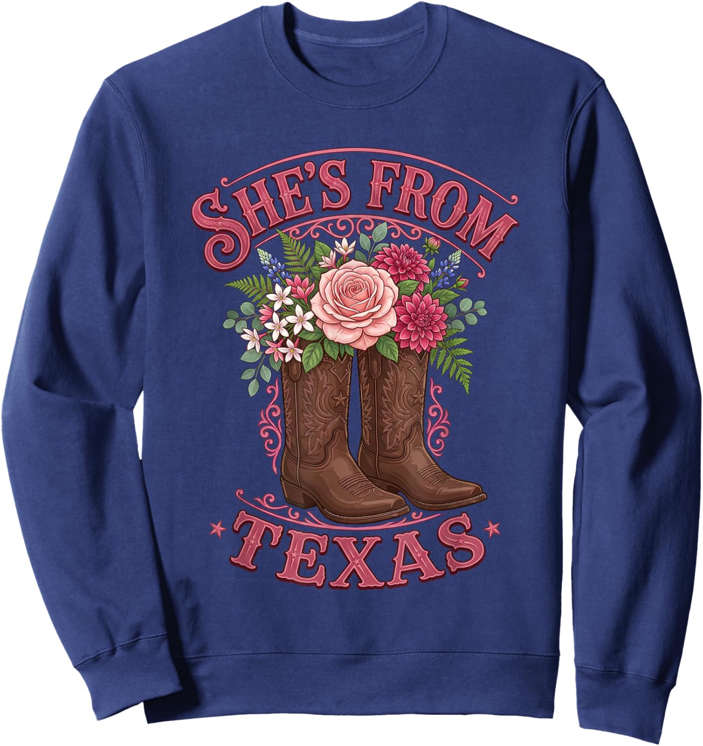She's from Texas Cowgirl Boots with Flowers Sweatshirt - Sweatshirt | Navy