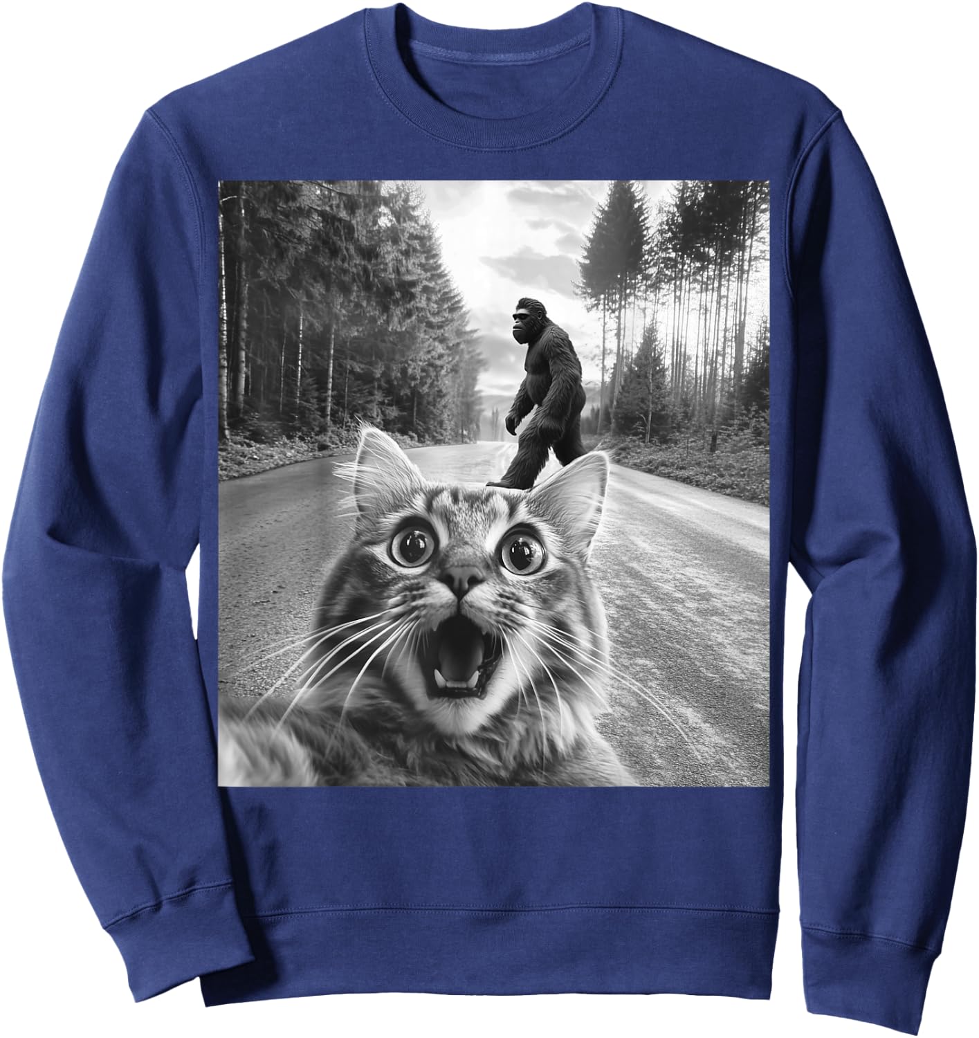 Funny Cat Selfie Bigfoot Big Foot Graphic Sasquatch Meme Sweatshirt - Sweatshirt | Navy