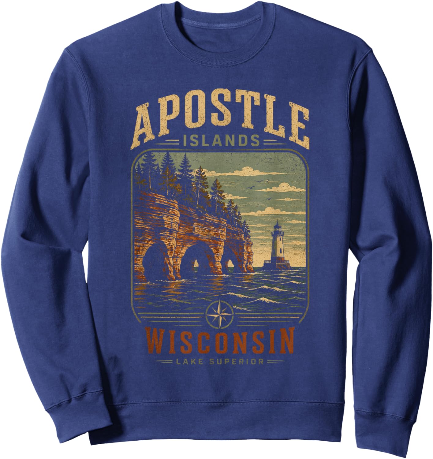 Vintage Apostle Islands Wisconsin Sea Caves Lighthouse Sweatshirt - Sweatshirt | Navy