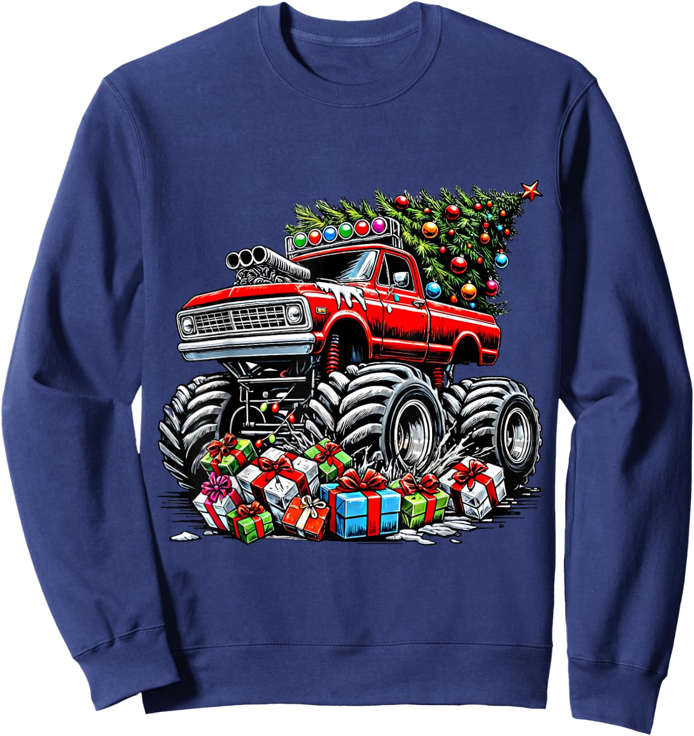 Monster Truck Crushing Christmas Tree Boys Kids Toddler Sweatshirt - Sweatshirt | Navy