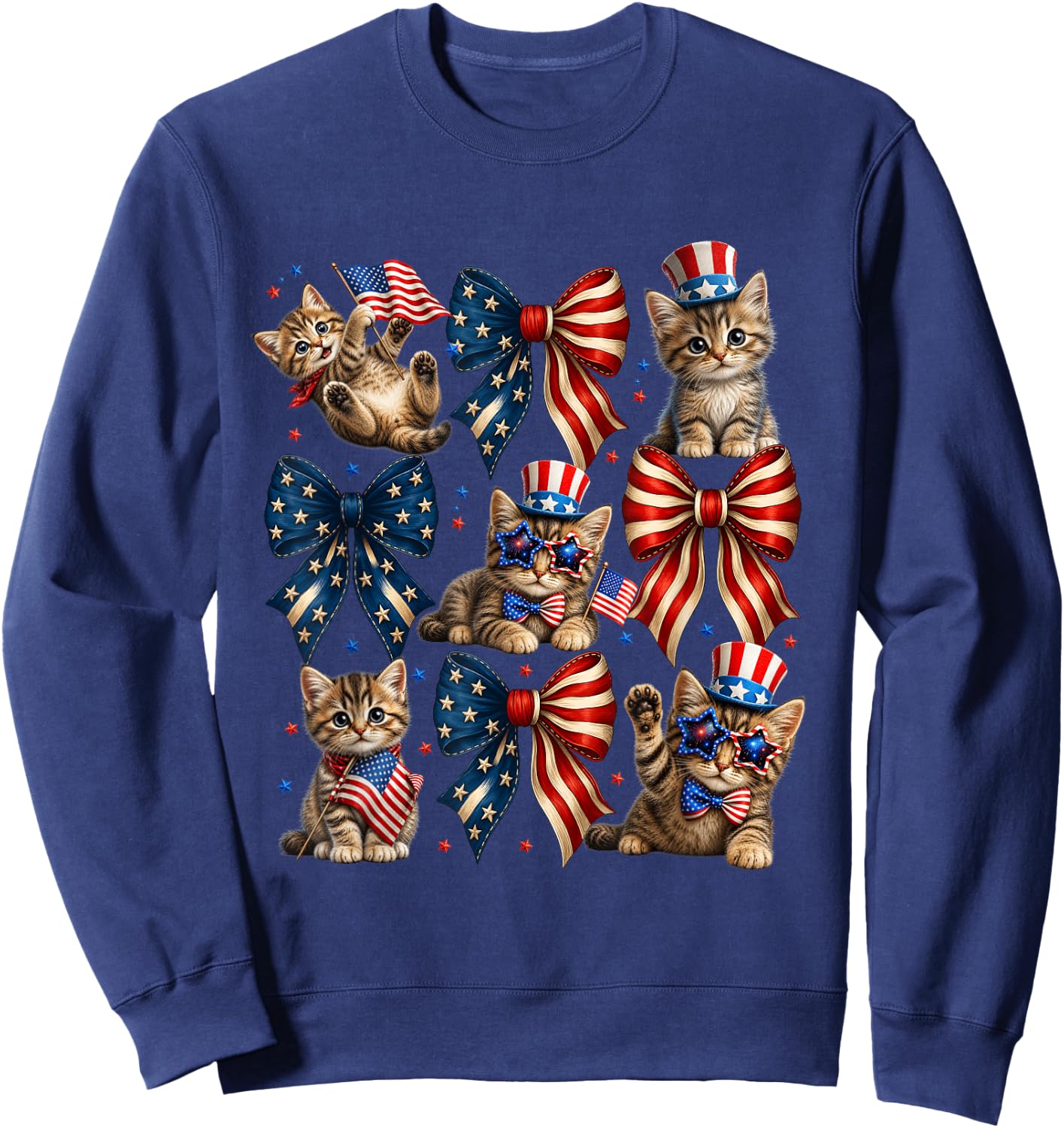 Patriotic Cat USA Flag Bow Independence Day Fourth of July Sweatshirt - Sweatshirt | Navy
