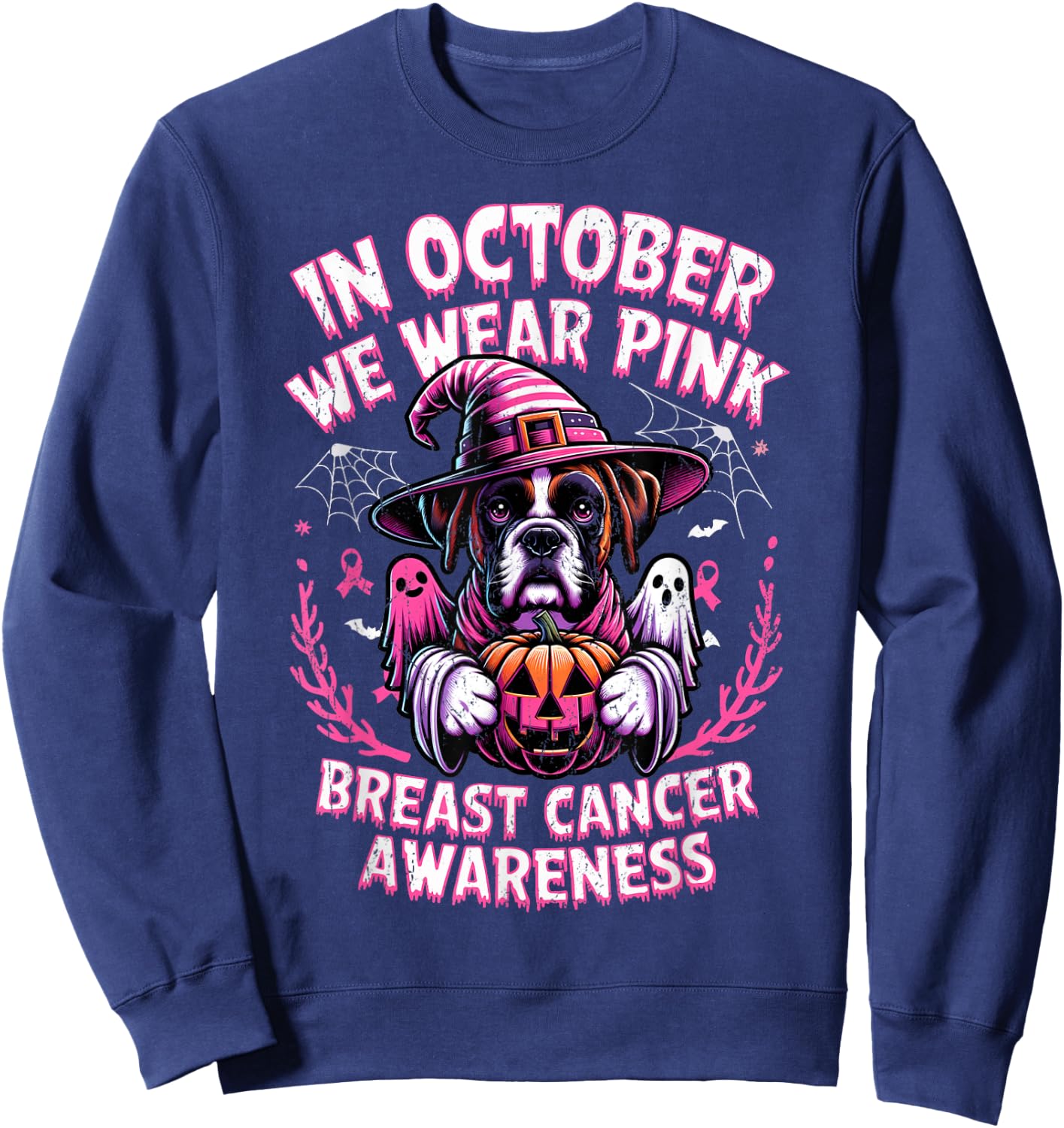 In October We Wear Pink Ghost Boxer Dog Breast Cancer Women Girls Kids Sweatshirt - Sweatshirt | Navy