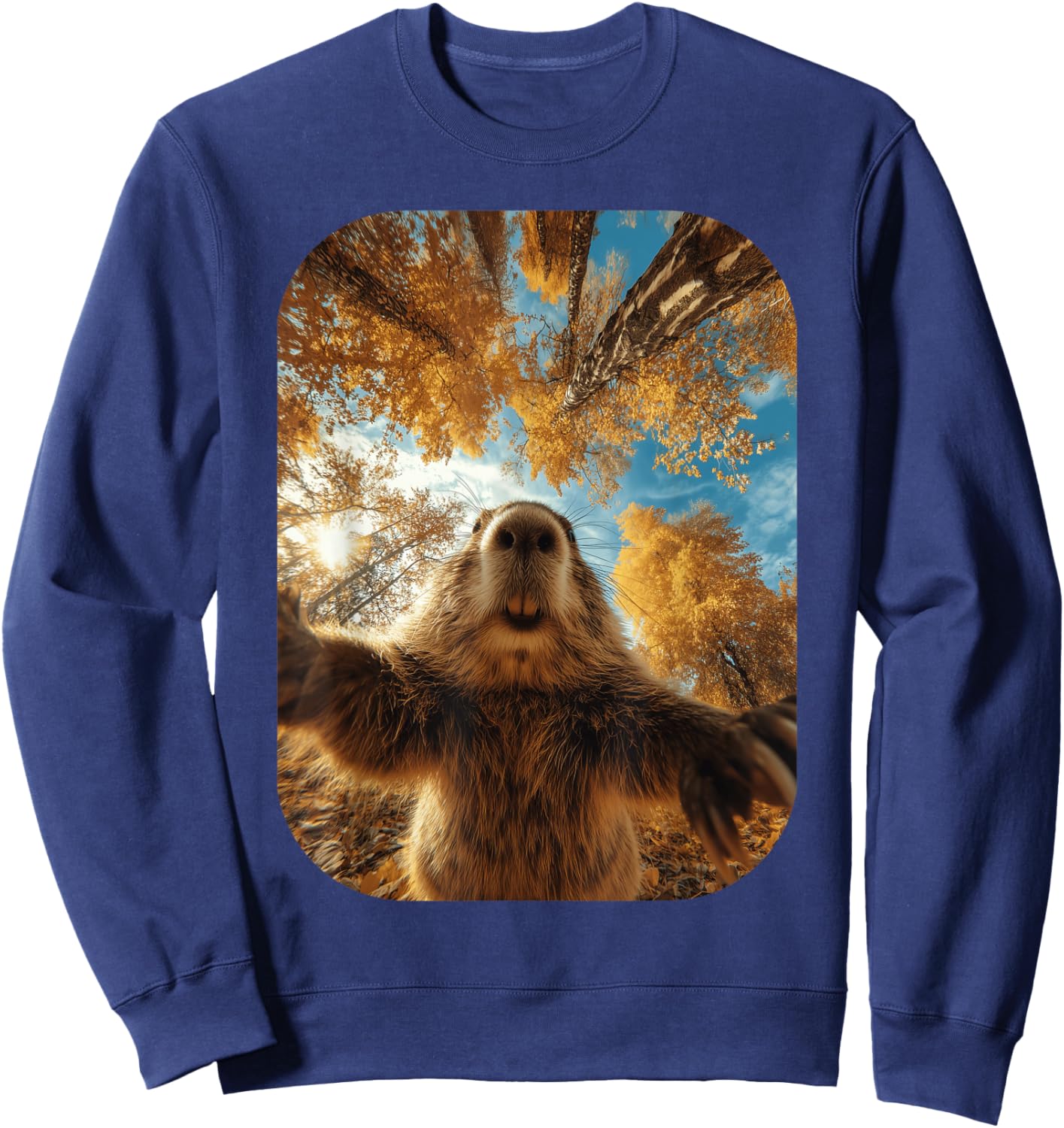 Cute Beaver Selfie Fall Leaves Forest Autumn Animal Graphic Sweatshirt - Sweatshirt | Navy