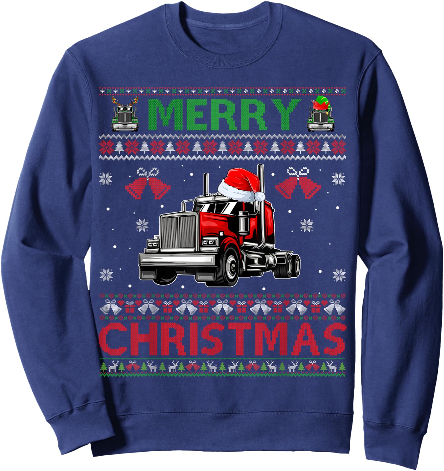 Merry Christmas Elf Reindeer Santa Trucker Ugly Xmas Sweater Sweatshirt - Sweatshirt | Navy