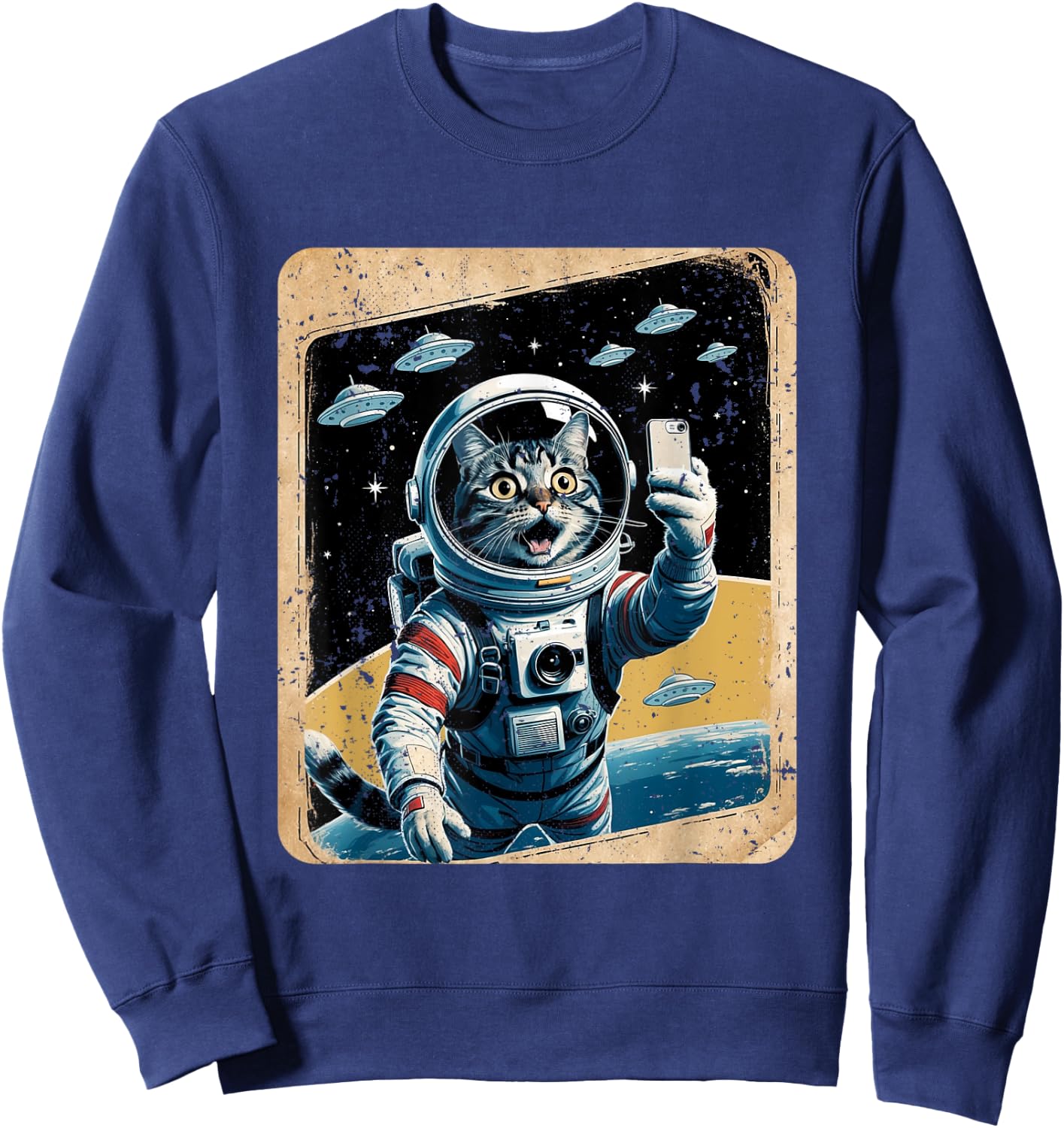 Space Cat Astronaut UFO Funny Sci-fi Alien Selfie Sweatshirt - Sweatshirt | Navy