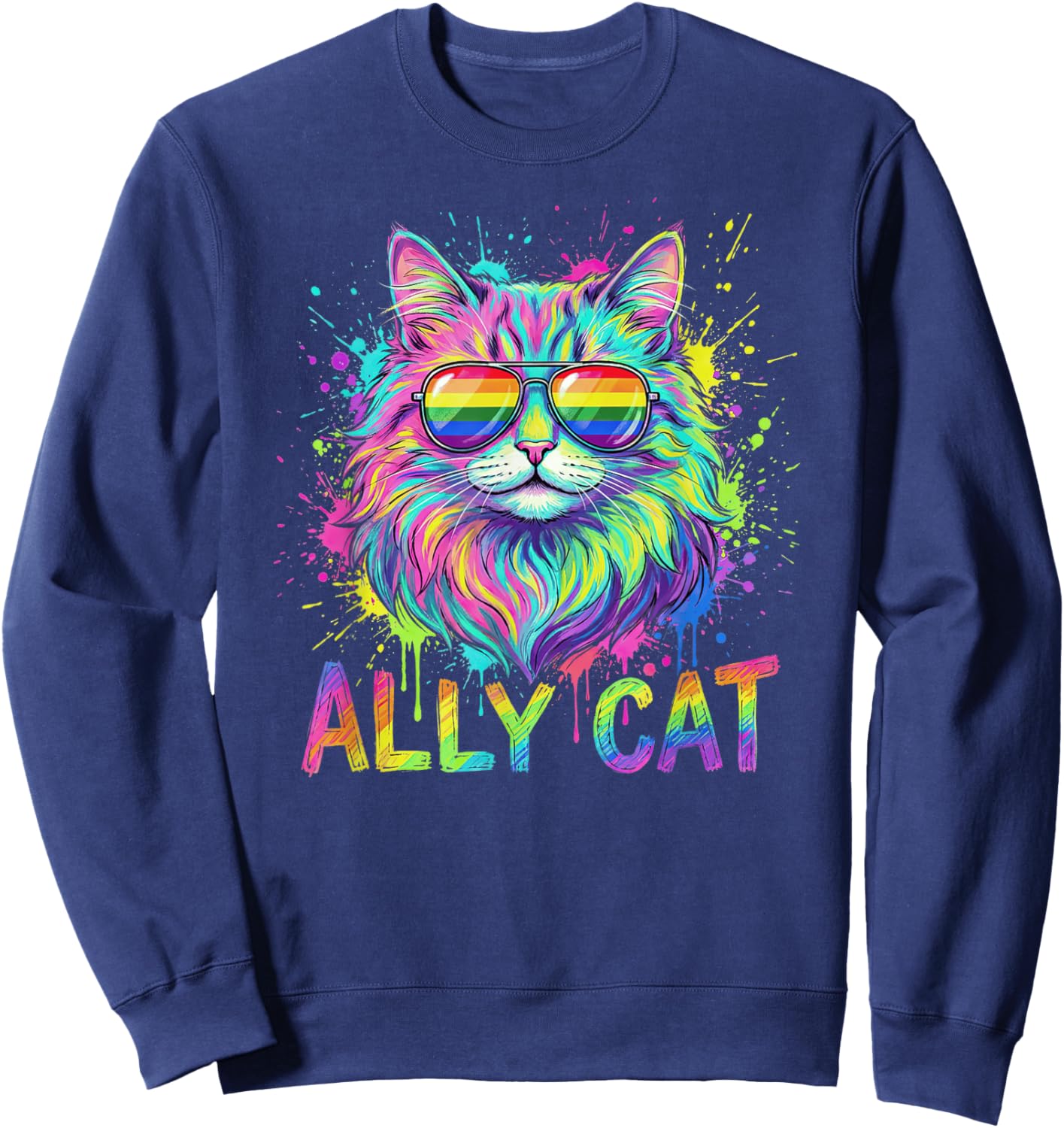 Ally Cat LGBTQ Rainbow Pride Month Purride Animal Men Women Sweatshirt - Sweatshirt | Navy