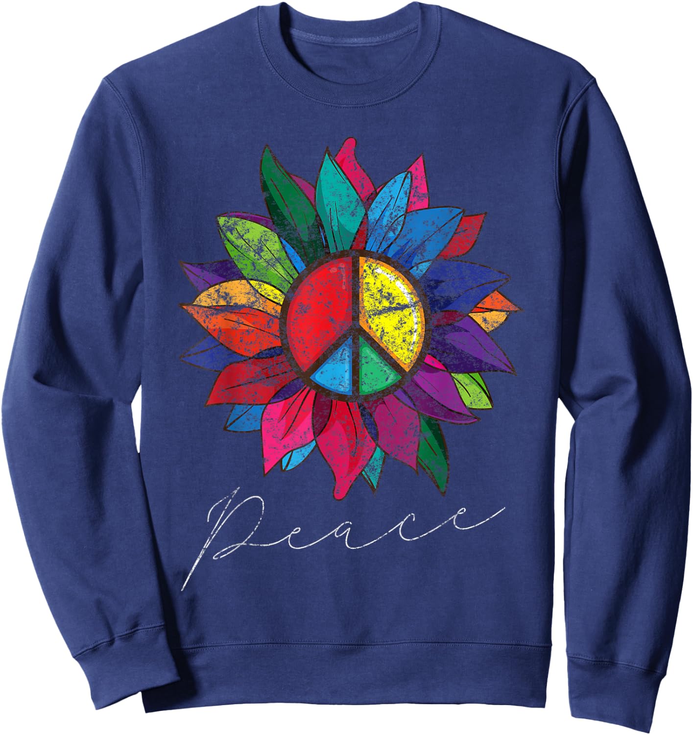 Sunflower Flower Distressed Rainbow Peace Sign 70s Sweatshirt - Sweatshirt | Navy