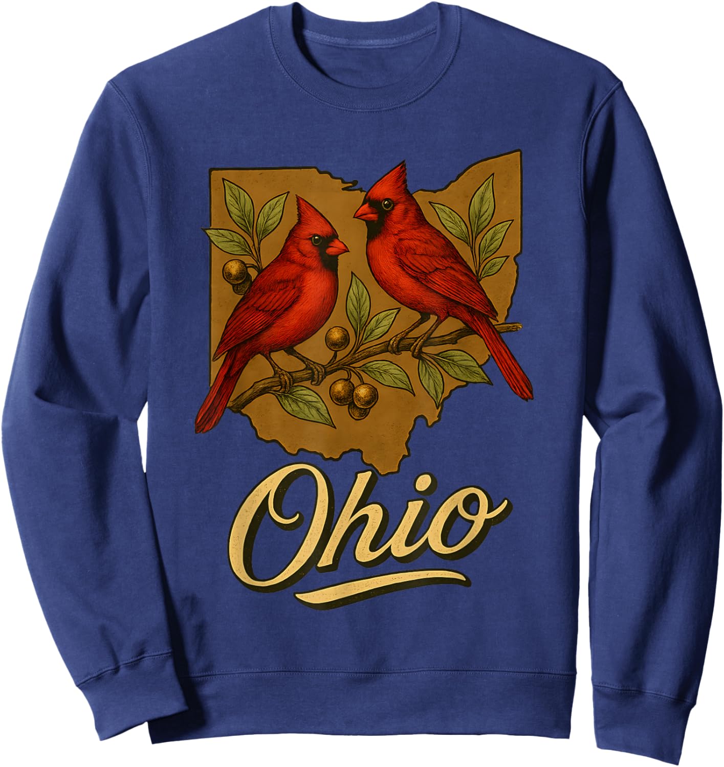 Ohio Cardinal Birds with State Outline Nature Art Sweatshirt - Sweatshirt | Navy
