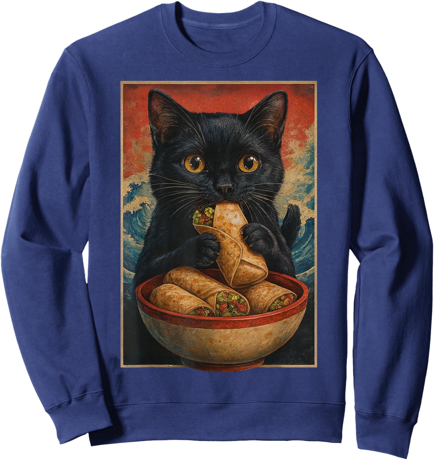Black Cat Eating Burrito Retro Japanese Sweatshirt - Sweatshirt | Navy