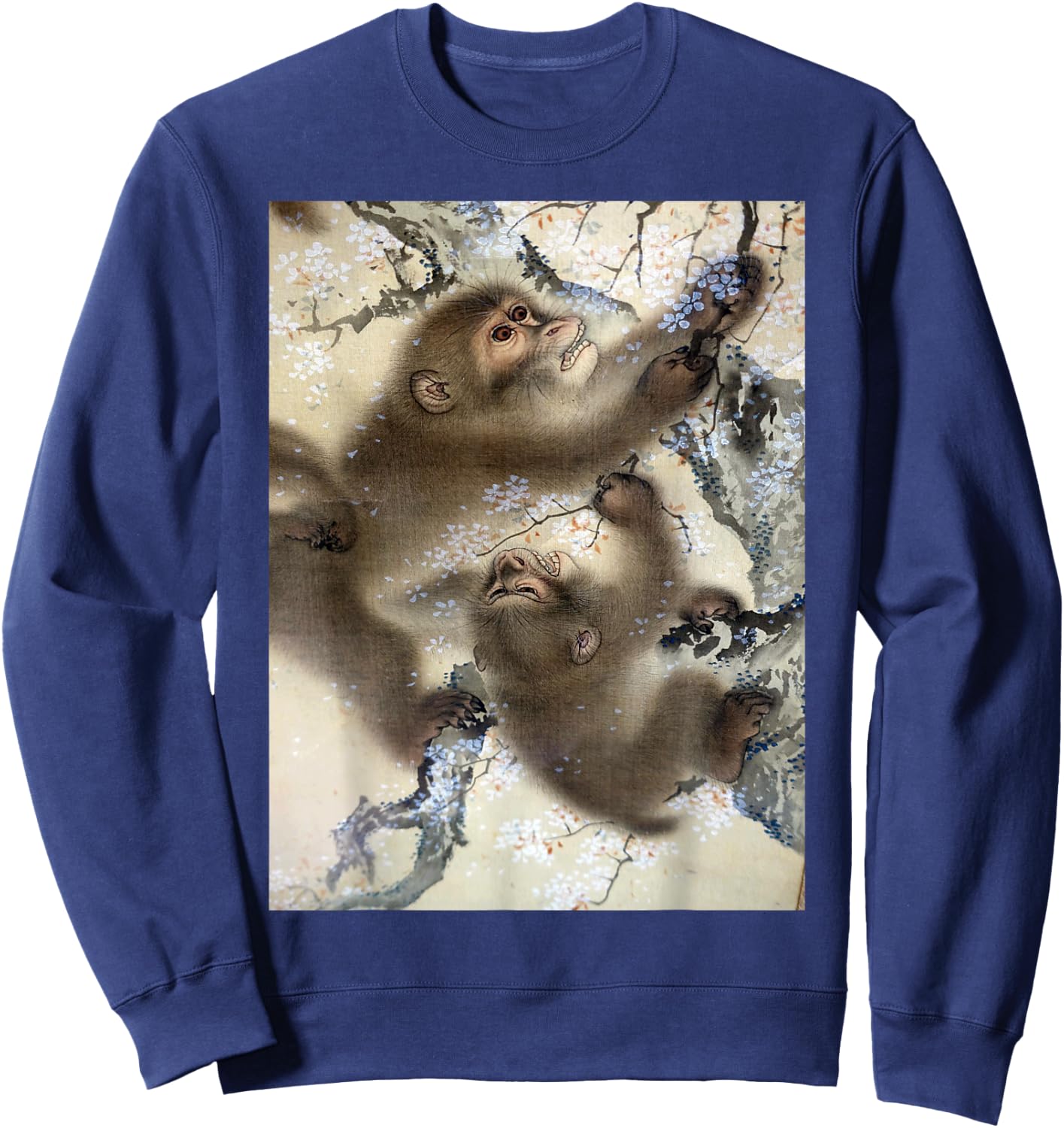 Monkeys In Cherry Blossom Tree Japanese Art Woodblock Sweatshirt - Sweatshirt | Navy
