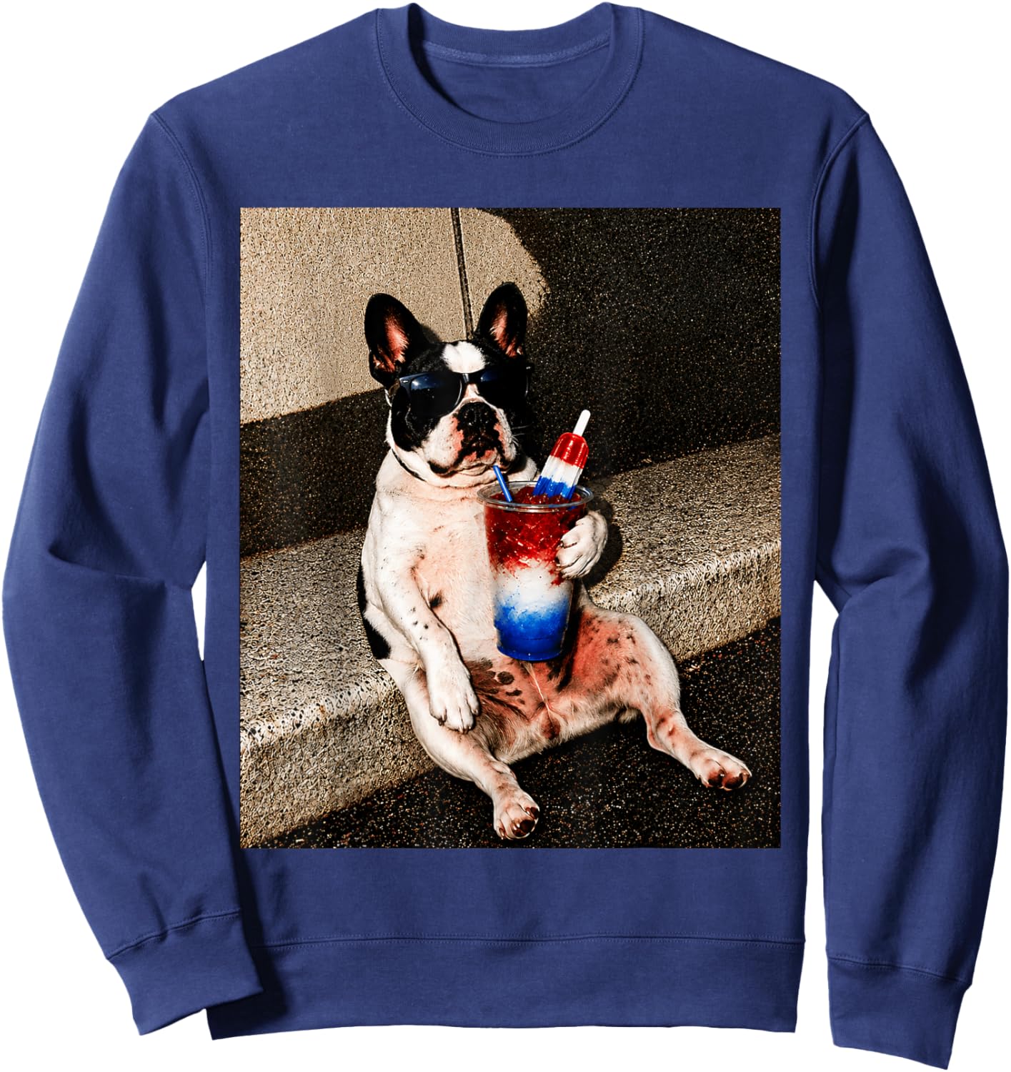 Patriotic French Bulldog Drinking Slushie Red White Blue Sweatshirt - Sweatshirt | Navy