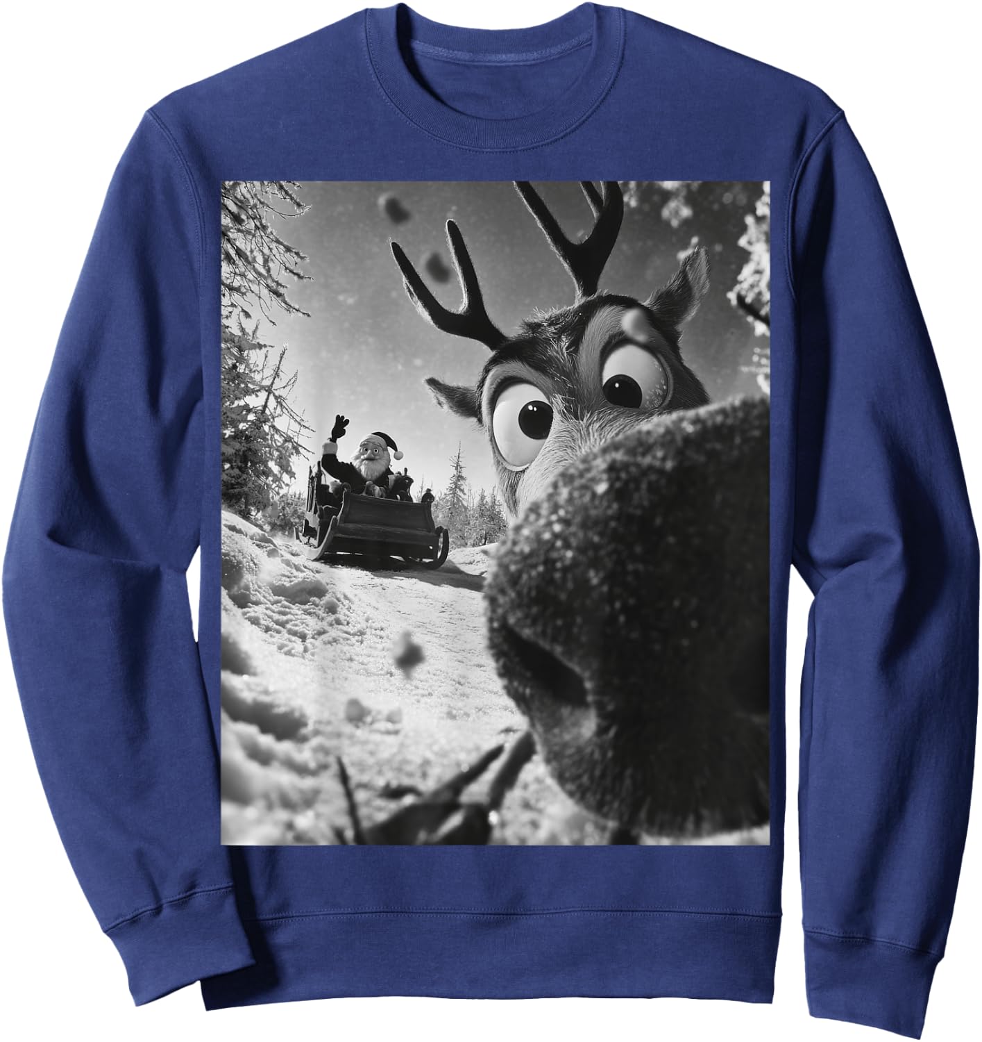 Funny Reindeer Selfie Christmas Santa Claus on his Sleigh Sweatshirt - Sweatshirt | Navy