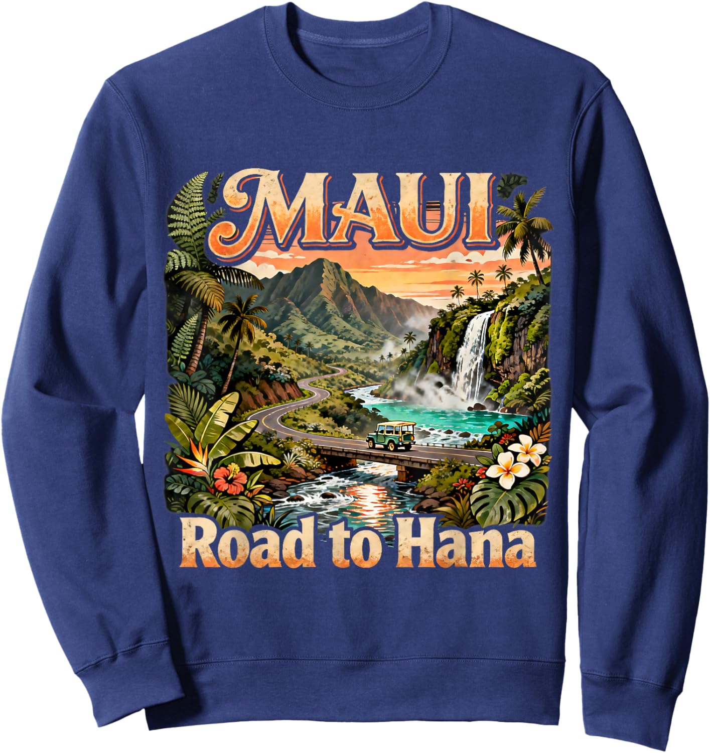 Vintage Maui Road to Hana Waterfall Tropical Summer Souvenir Sweatshirt - Sweatshirt | Navy