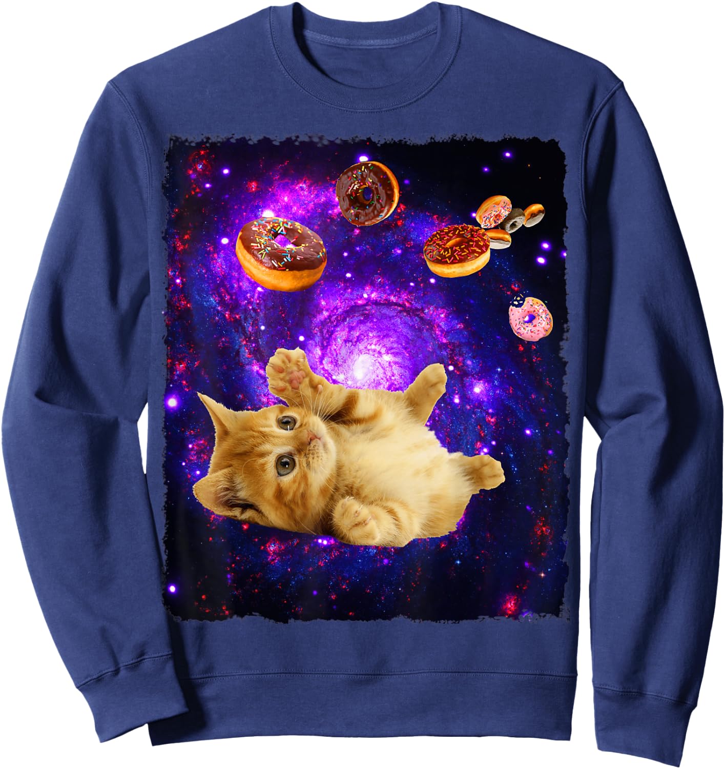 Space Cat Doughnut Shirt Super Flying Kitty Galaxy T Shirt Sweatshirt - Sweatshirt | Navy