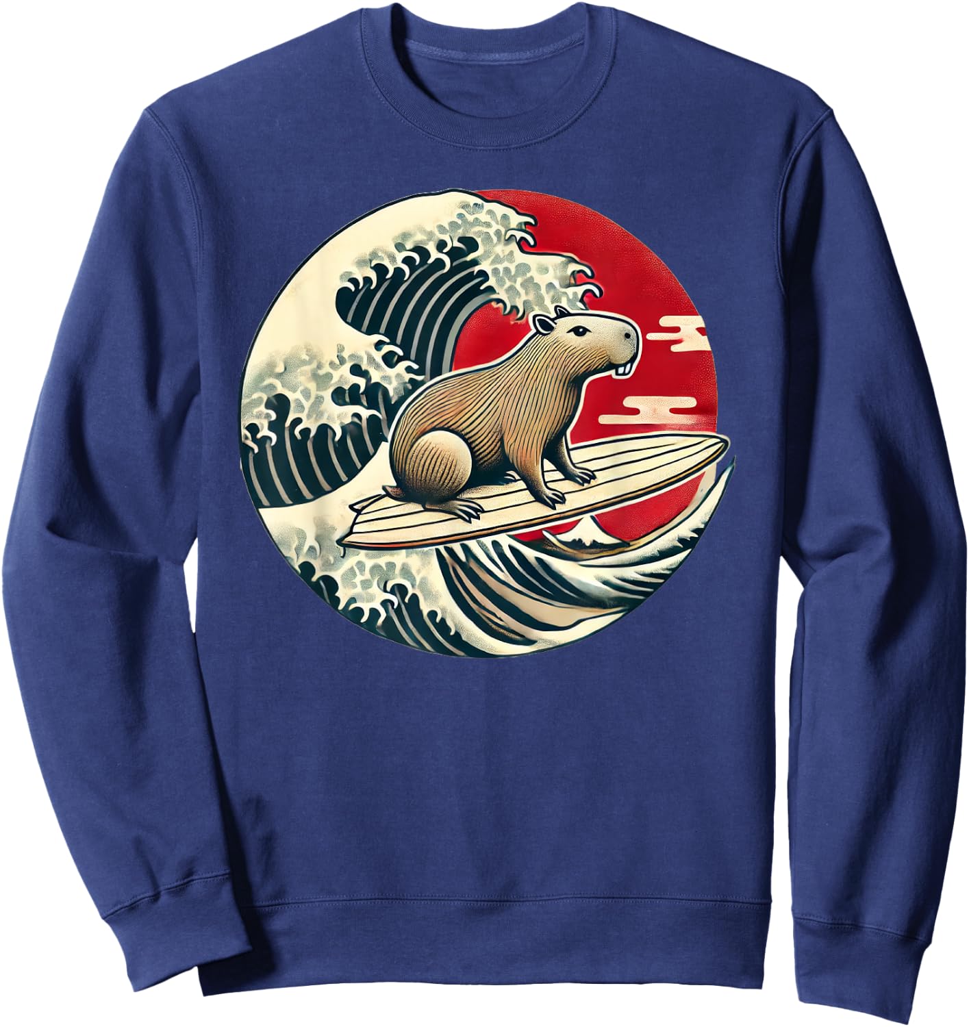 Capybara Japanese Kanagawa Wave Surfing Sweatshirt - Sweatshirt | Navy