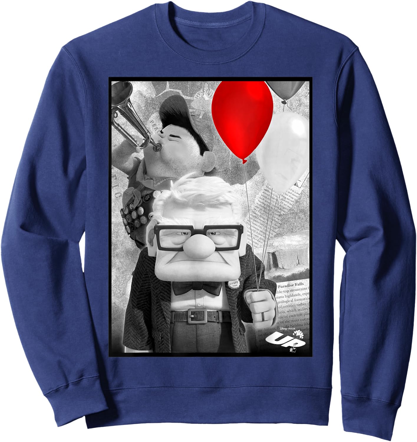 Disney Pixar Up Carl & Russell Vintage Retro Trumpet Picture Sweatshirt - Sweatshirt | Navy