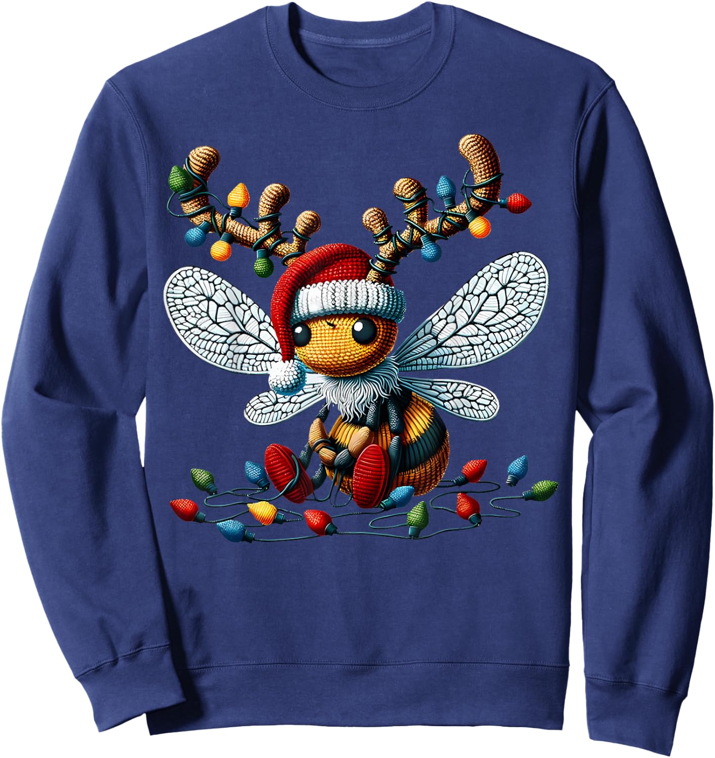 Cute Crochet Bee Christmas Light Santa Hat Reindeer Bee Sweatshirt - Sweatshirt | Navy
