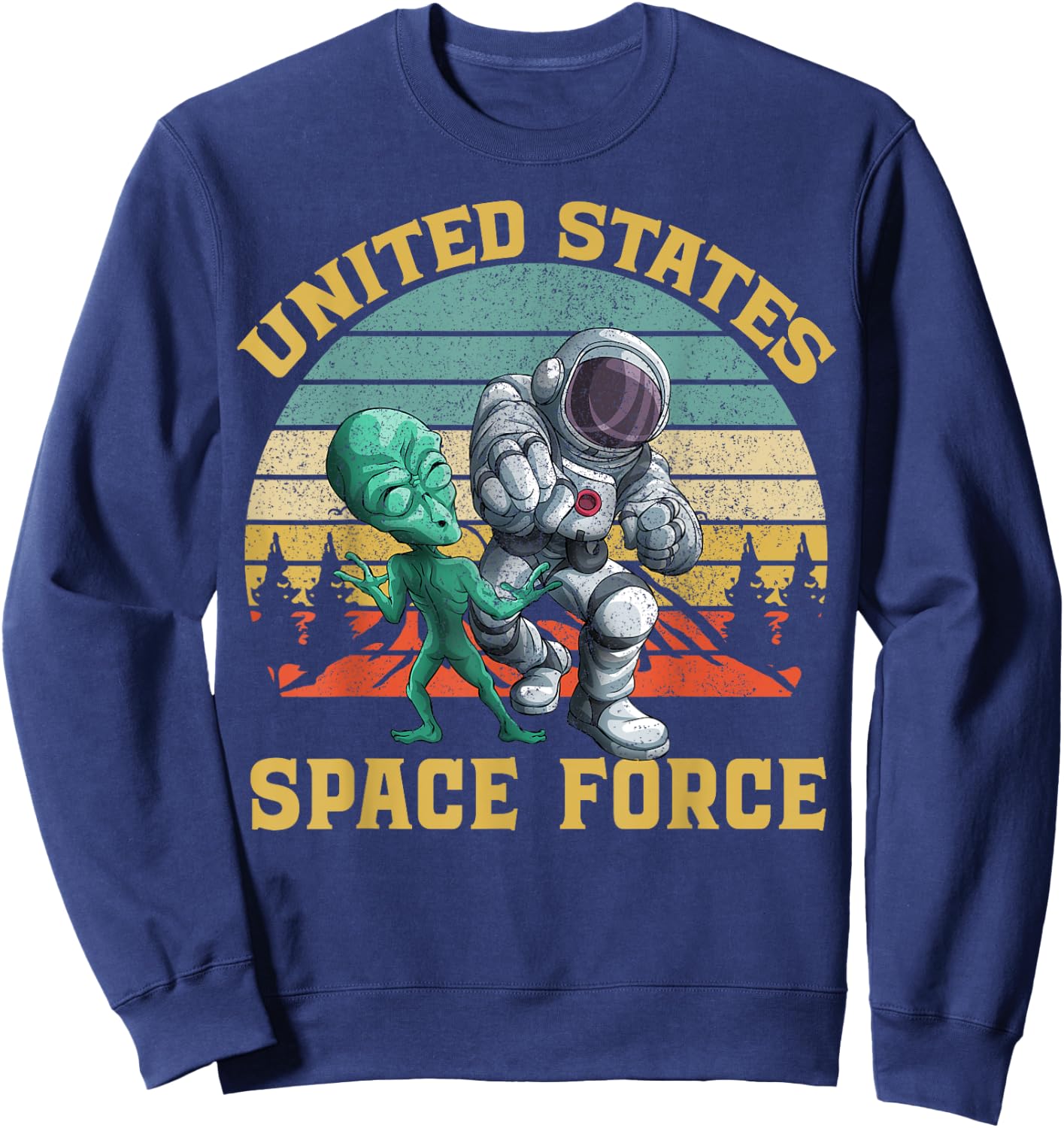 Retro US Space Force Graphic Vintage Sunset Alien Punch Gift Sweatshirt - Sweatshirt | Navy