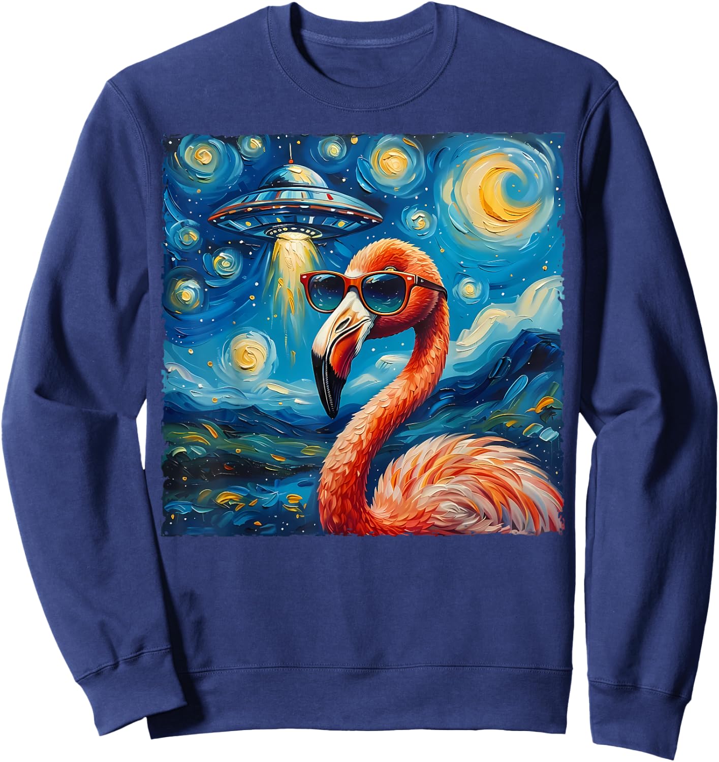 Flamingo Van Gogh Style The Starry Night Alien UFO Sci-Fi Sweatshirt - Sweatshirt | Navy