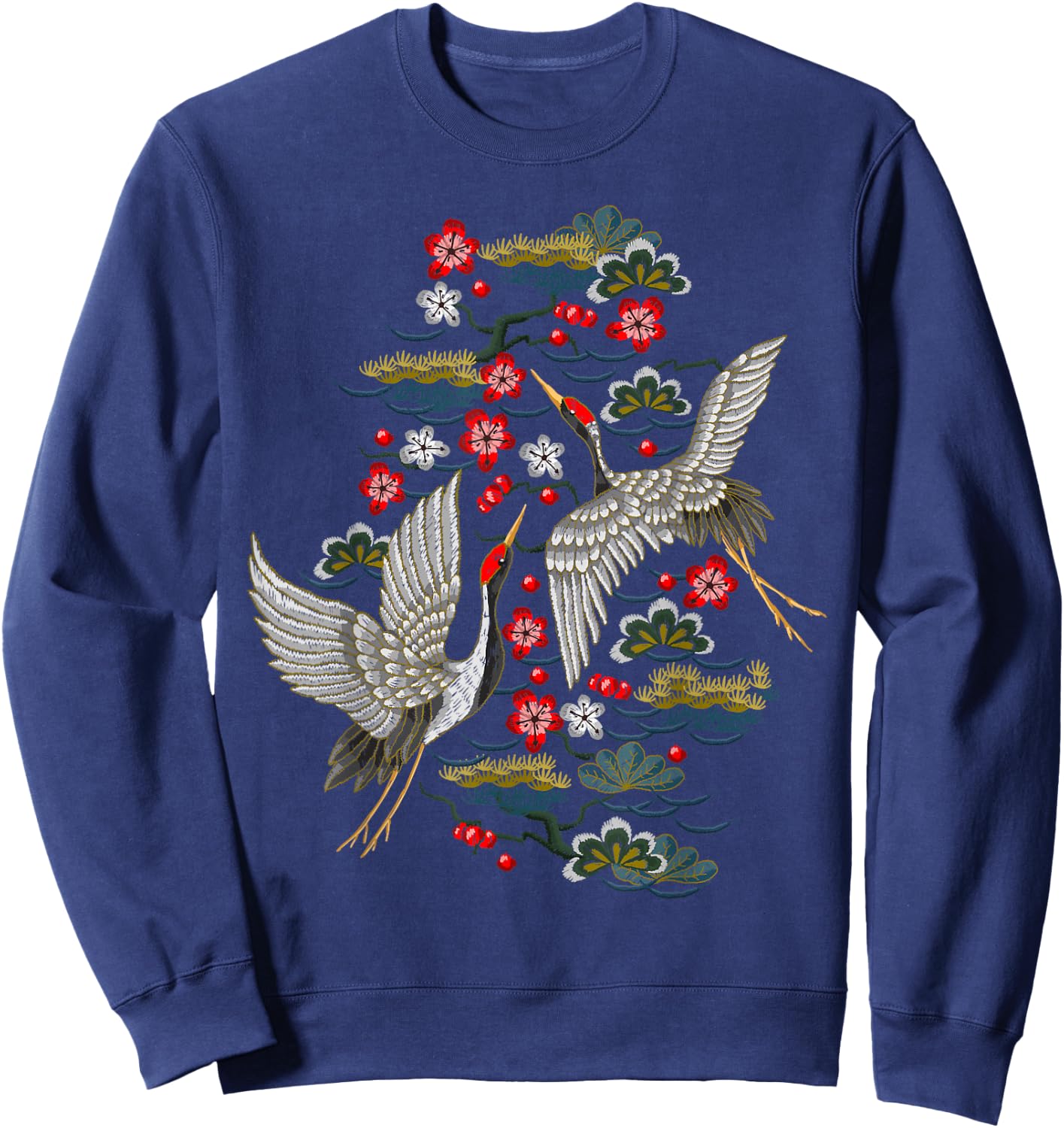 Crane & Cherry Blossom - Vintage Japanese Embroidery Sweatshirt - Sweatshirt | Navy