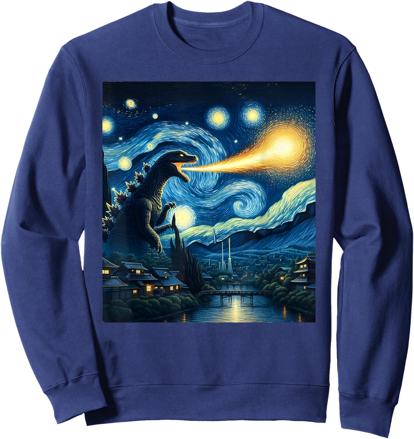 Retro Japanese Kaiju Monster Starry Night Parody Kaiju Sweatshirt - Sweatshirt | Navy