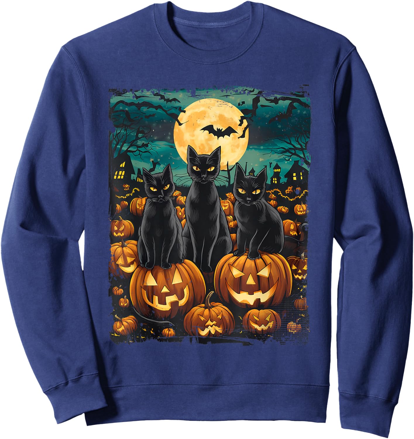 Black Cat Pumpkin Halloween Starry Night Cat Van Gogh Cat Women Kids Sweatshirt - Sweatshirt | Navy