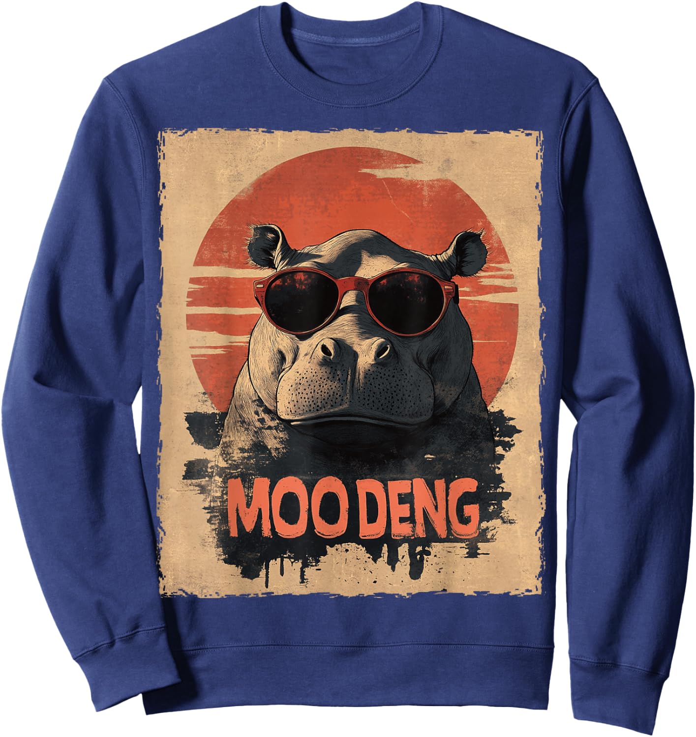 Baby Hippo Moo Deng Sunglasess Vintage Retro Sweatshirt - Sweatshirt | Navy