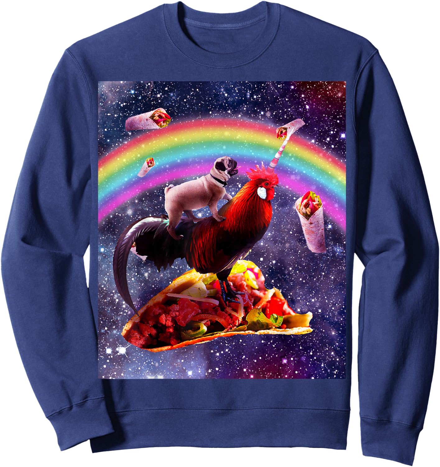 Space Pug Riding Chicken Unicorn - Taco & Burrito Sweatshirt - Sweatshirt | Navy