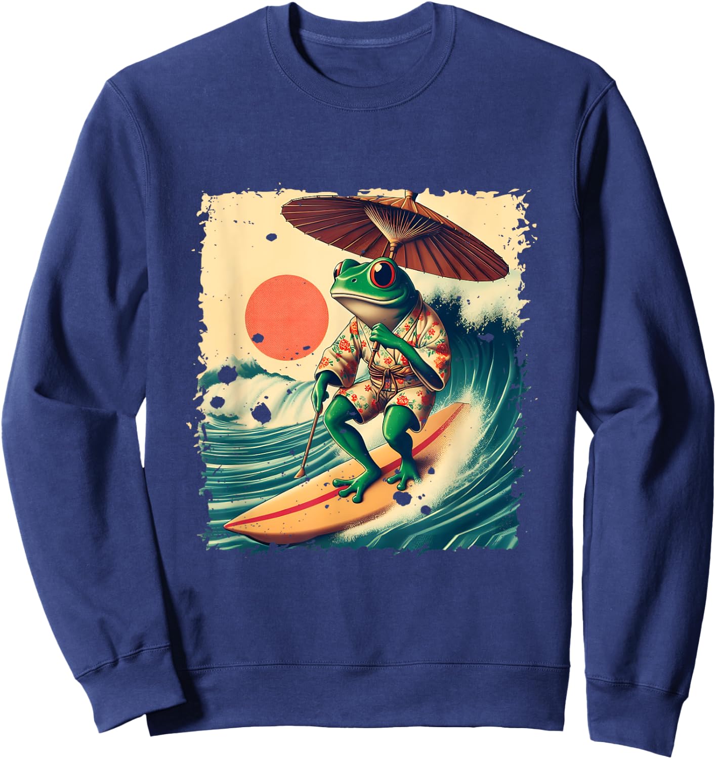 Japanese Frog Surfing Wave Funny Japan Art Anime Sweatshirt - Sweatshirt | Navy