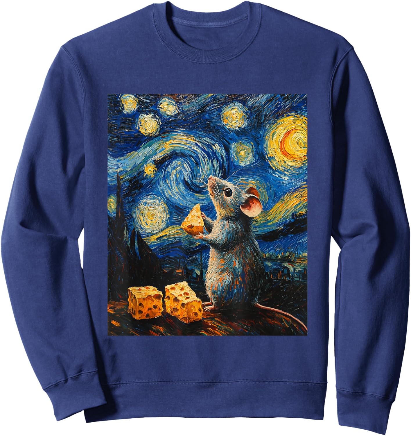 Cute Mouse Rat - Van Gogh Style - Starry Night Graphic Sweatshirt - Sweatshirt | Navy