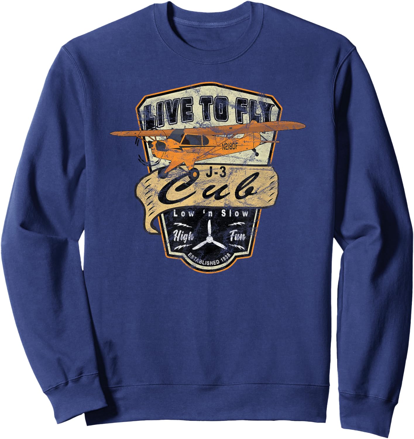J-3 Cub Airplane "Live to Fly" Vintage Pilot Sweatshirt - Sweatshirt | Navy