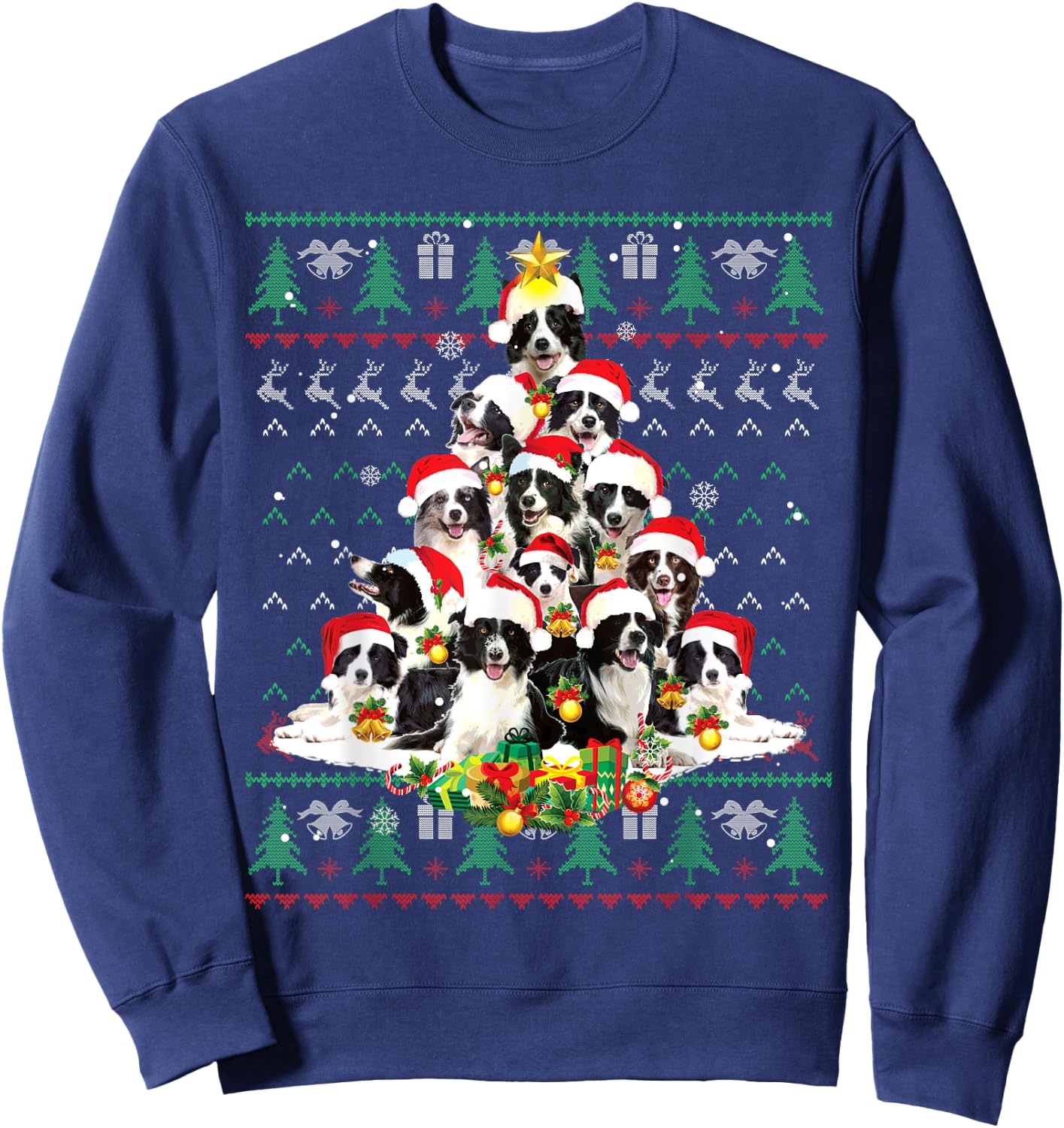 Border Collie Christmas Tree Santa Ugly Sweater Funny Dog Sweatshirt - Sweatshirt | Navy