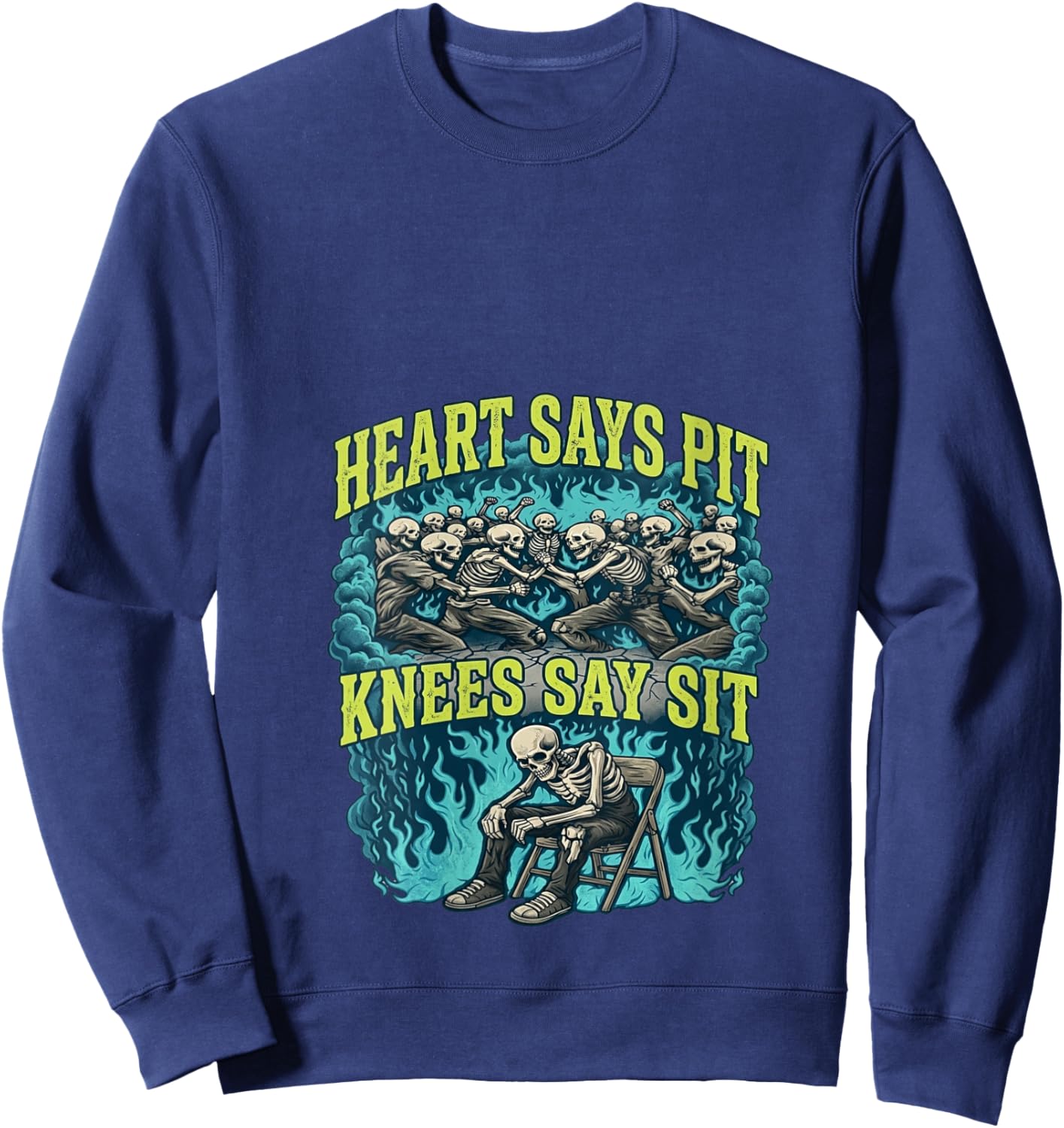 Women's Heart Says Pit Knees Say Sit Skeleton Funny V-Neck Sweatshirt - Sweatshirt | Navy
