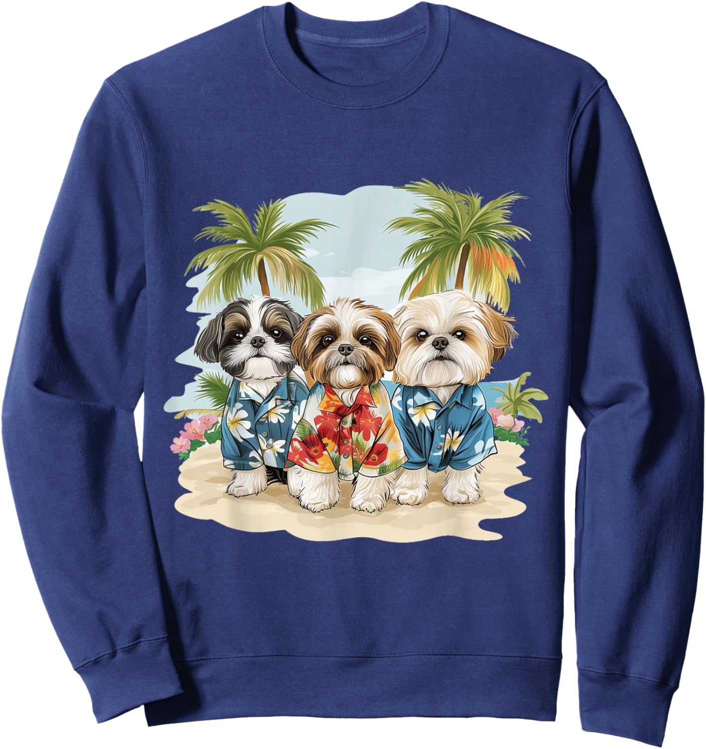 Cute Shih Tzu Dogs Hawaiian Tops Palm Trees Ocean Colorful Sweatshirt - Sweatshirt | Navy