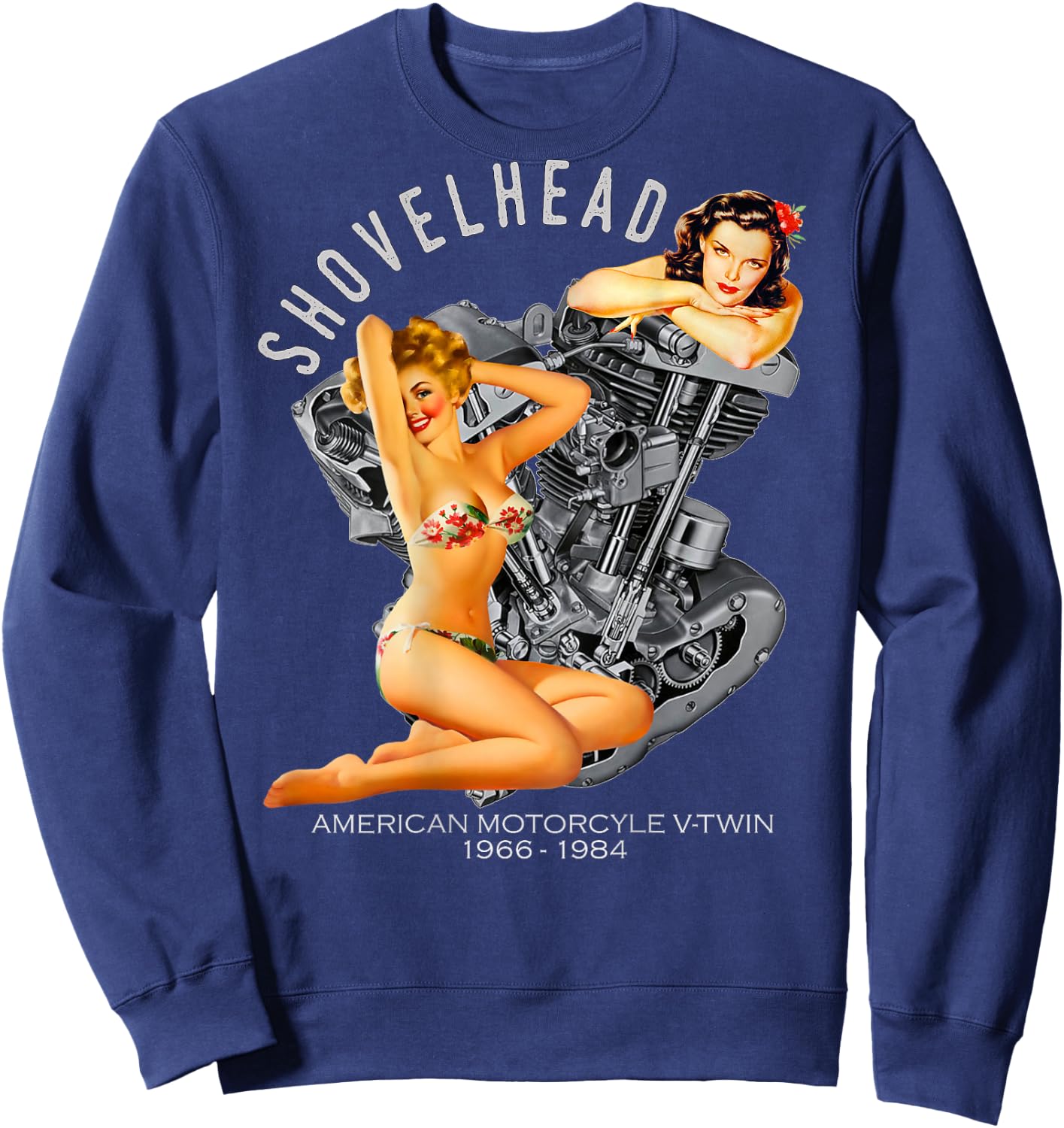 Shovelhead Retro Pinup V-Twin Engine 1966 Motorcycle Gear Sweatshirt - Sweatshirt | Navy