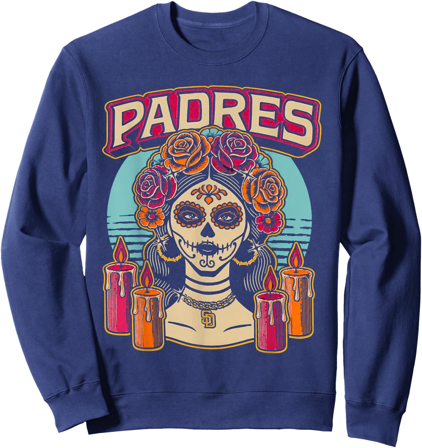Vintage Padres Sugar Skull Catrina Roses Baseball Fan Sweatshirt - Sweatshirt | Navy
