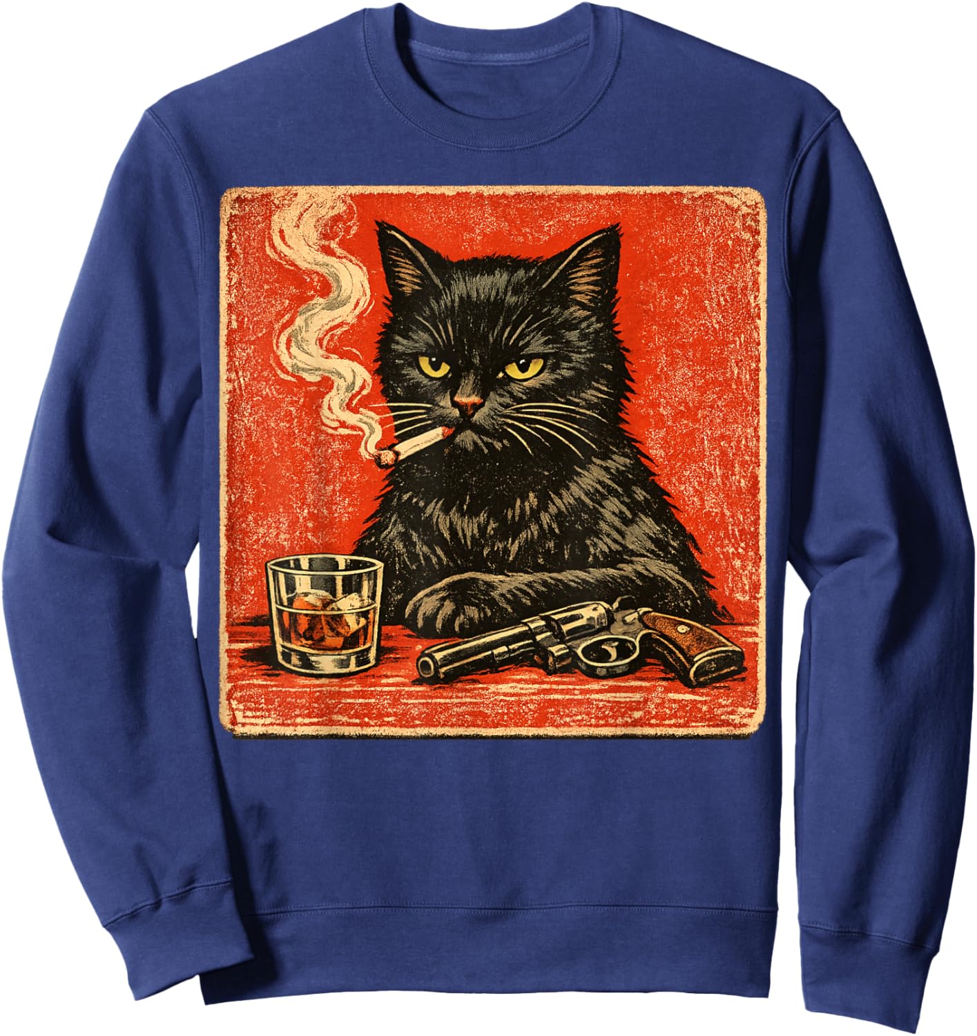 Black cat Smoking Cigarette and Drinking with Gun Sweatshirt - Sweatshirt | Navy