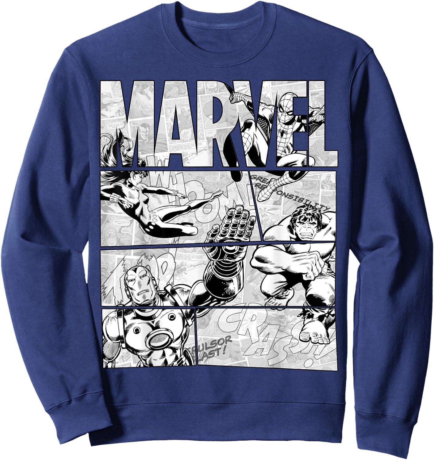 Marvel Avengers Retro Black and White Comic Graphic Short Sleeve Sweatshirt - Sweatshirt | Navy
