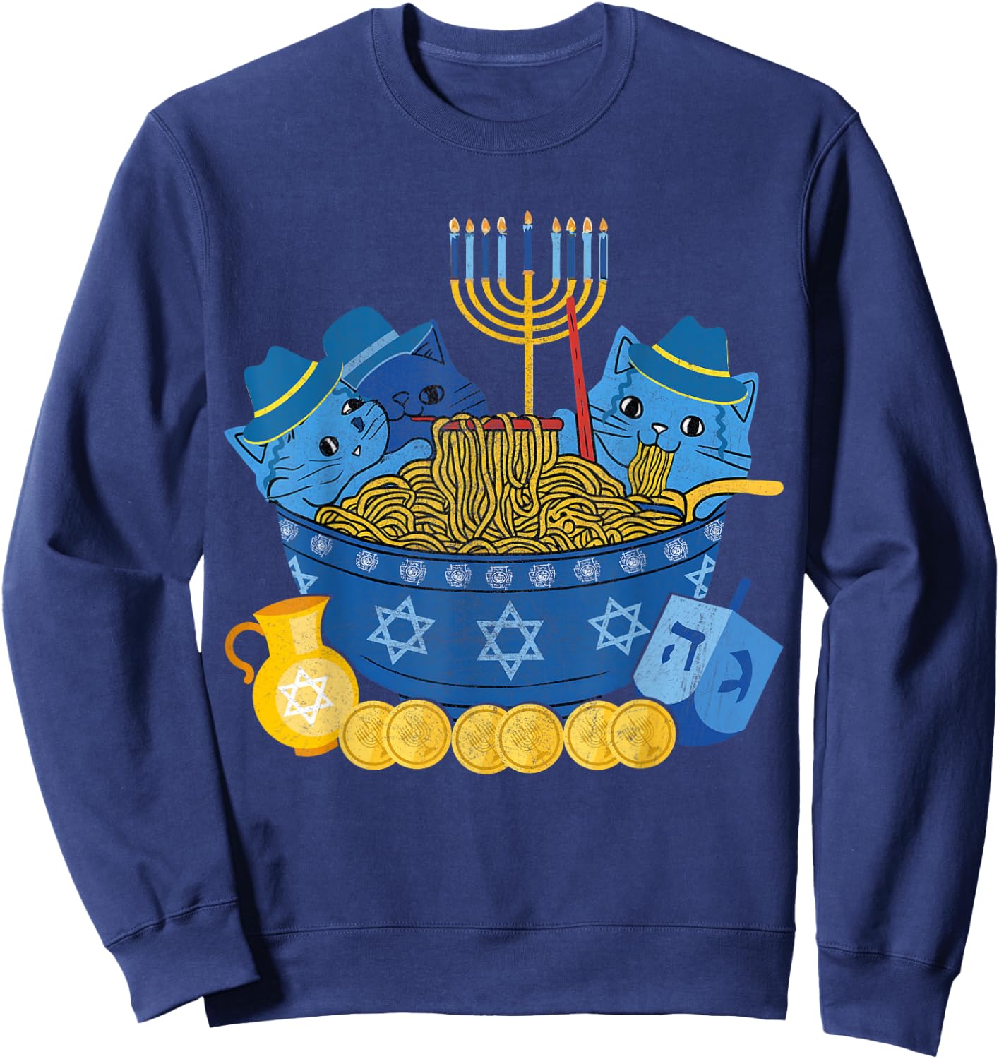 Jewish Cats Ramen Kitten Anime Hanukkah Pajamas Chanukah Sweatshirt - Sweatshirt | Navy