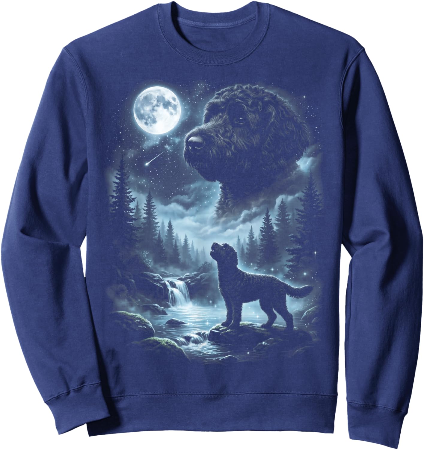 Black Labradoodle Howling to the Moon Retro 90's Doodle Dog Sweatshirt - Sweatshirt | Navy