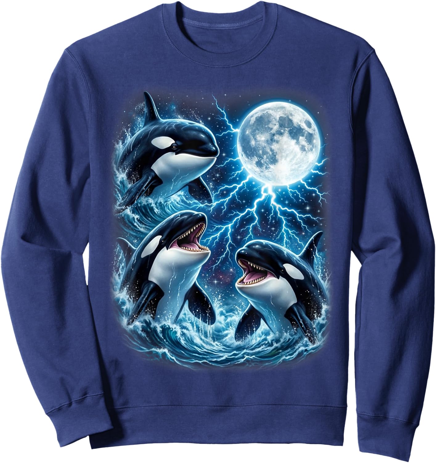 Majestic Three Orca Moon Lightning Sea Life Art Sweatshirt - Sweatshirt | Navy